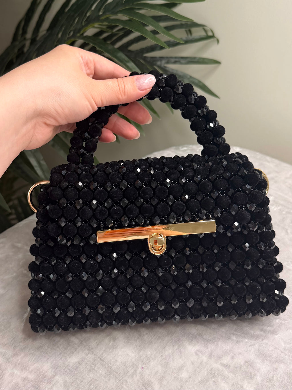Black Beaded Evening Bag with Gold Chain Strap, Handmade Crystal Mini Purse, Luxury Cocktail Bag, Elegant Bridal & Party Handbag