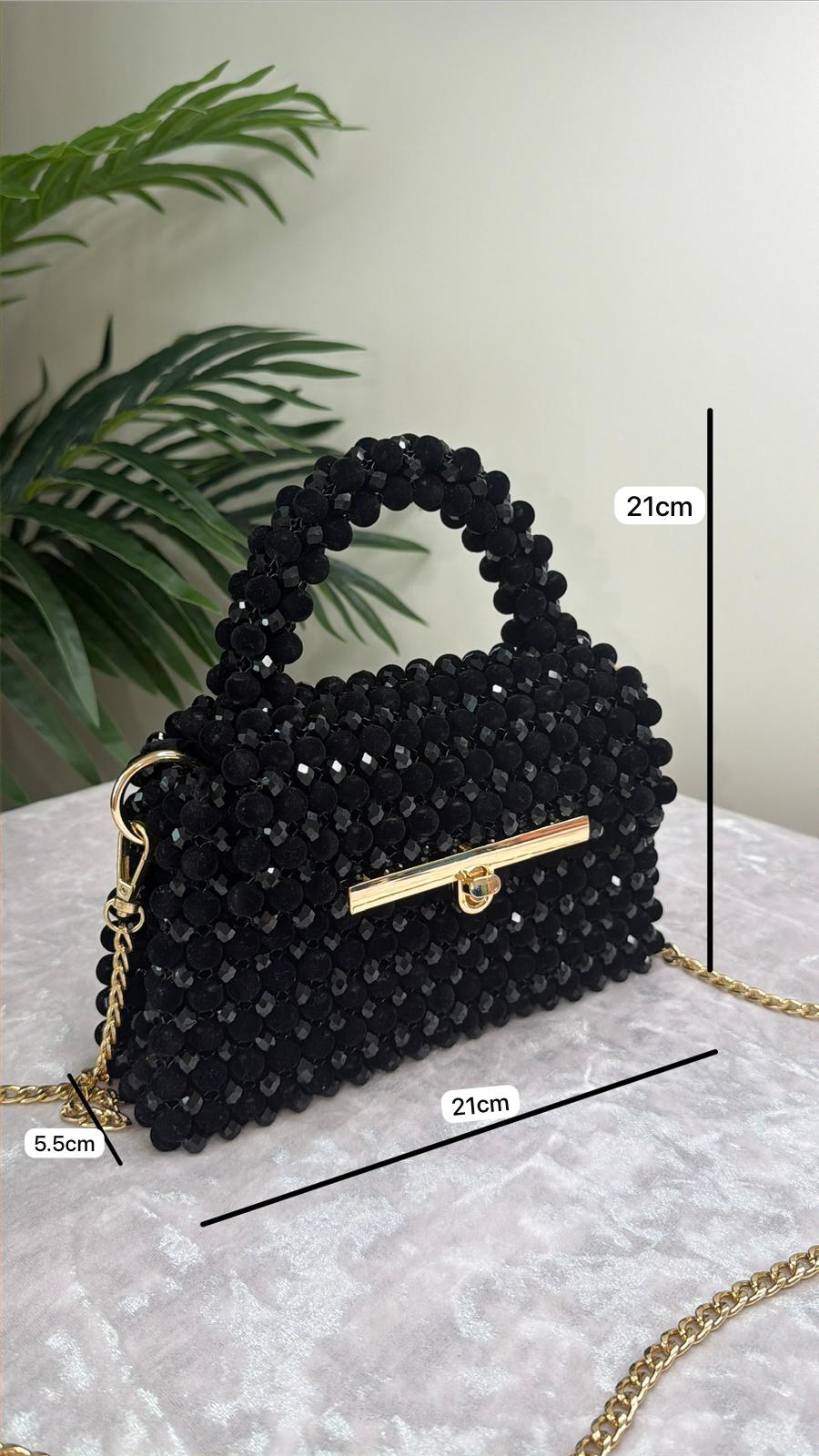 Black Beaded Evening Bag with Gold Chain Strap, Handmade Crystal Mini Purse, Luxury Cocktail Bag, Elegant Bridal & Party Handbag