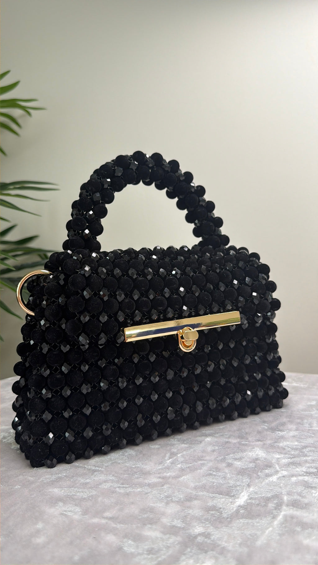Black Beaded Evening Bag with Gold Chain Strap, Handmade Crystal Mini Purse, Luxury Cocktail Bag, Elegant Bridal & Party Handbag