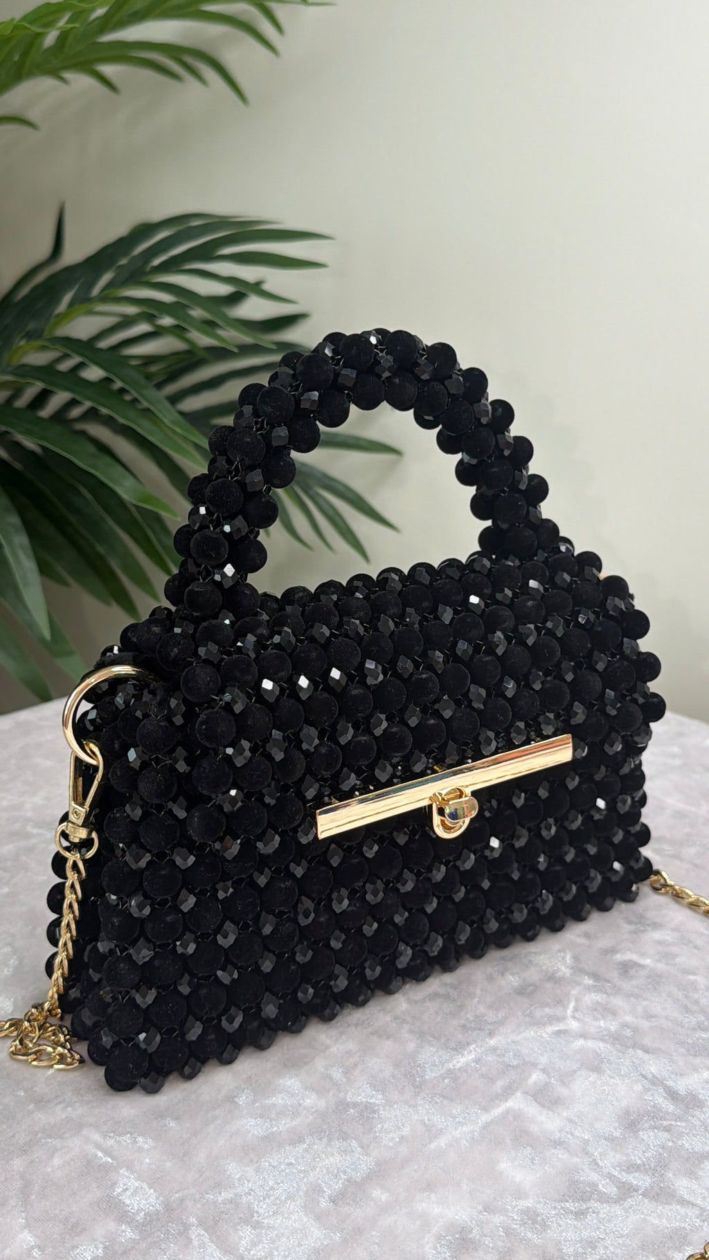 Black Beaded Evening Bag with Gold Chain Strap, Handmade Crystal Mini Purse, Luxury Cocktail Bag, Elegant Bridal & Party Handbag