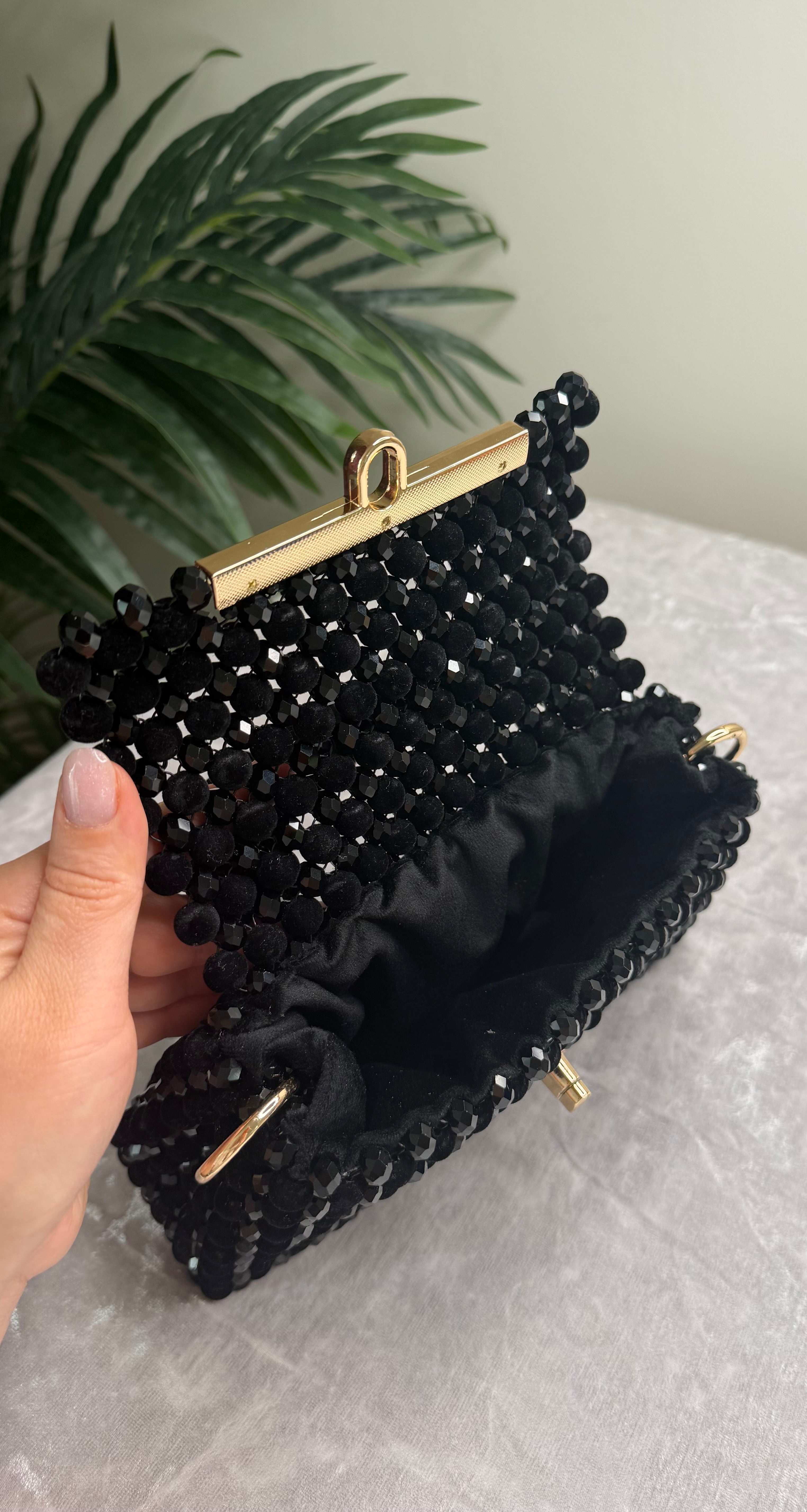 Black Beaded Evening Bag with Gold Chain Strap, Handmade Crystal Mini Purse, Luxury Cocktail Bag, Elegant Bridal & Party Handbag