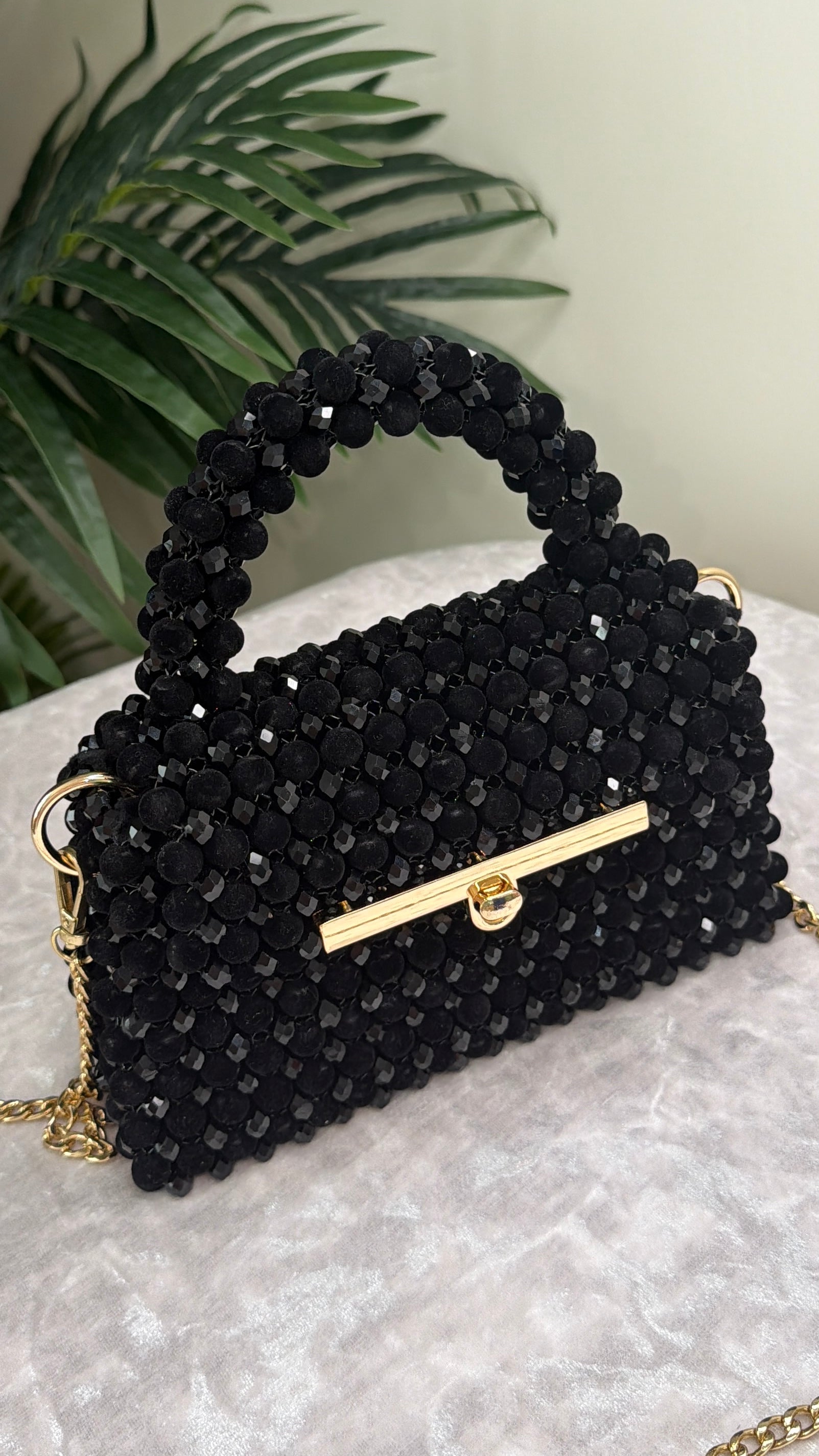 Black Beaded Evening Bag with Gold Chain Strap, Handmade Crystal Mini Purse, Luxury Cocktail Bag, Elegant Bridal & Party Handbag