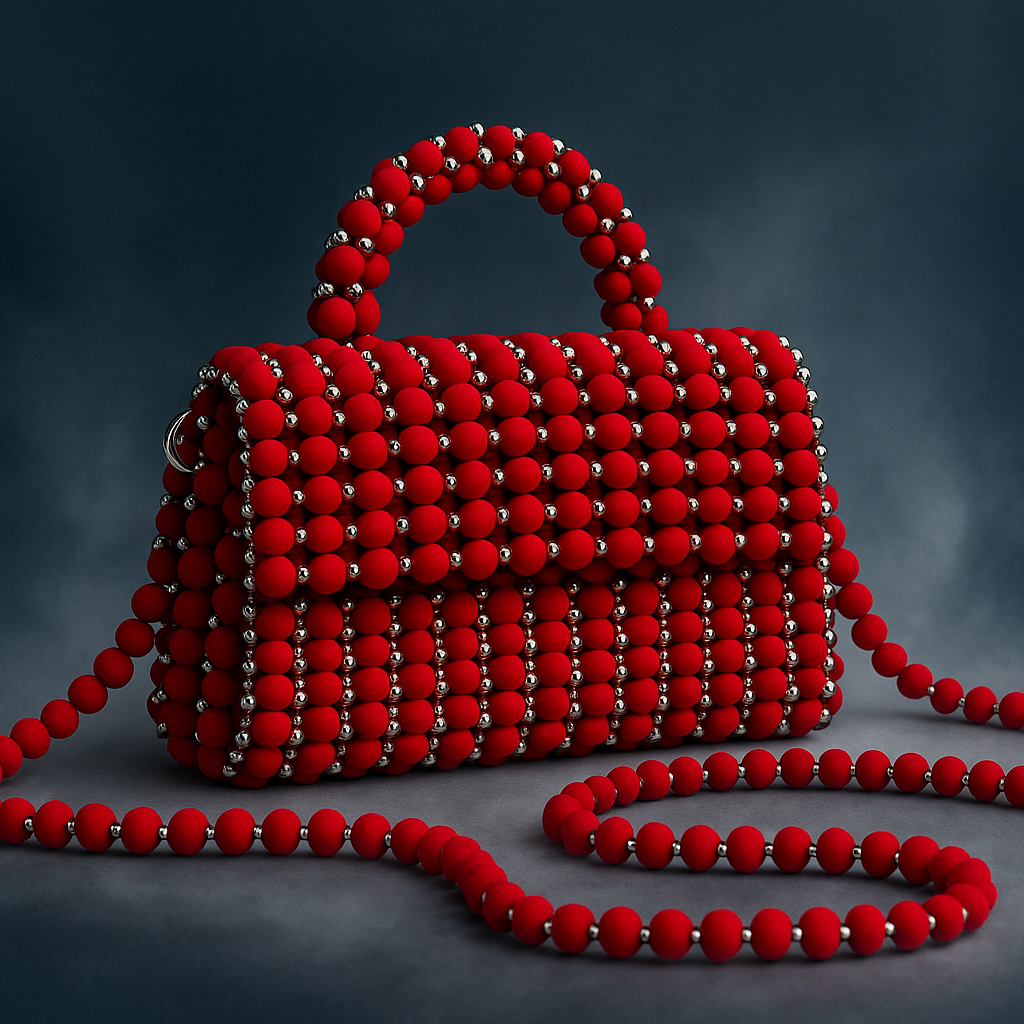 Red beaded handbag with a long chain on a dark background