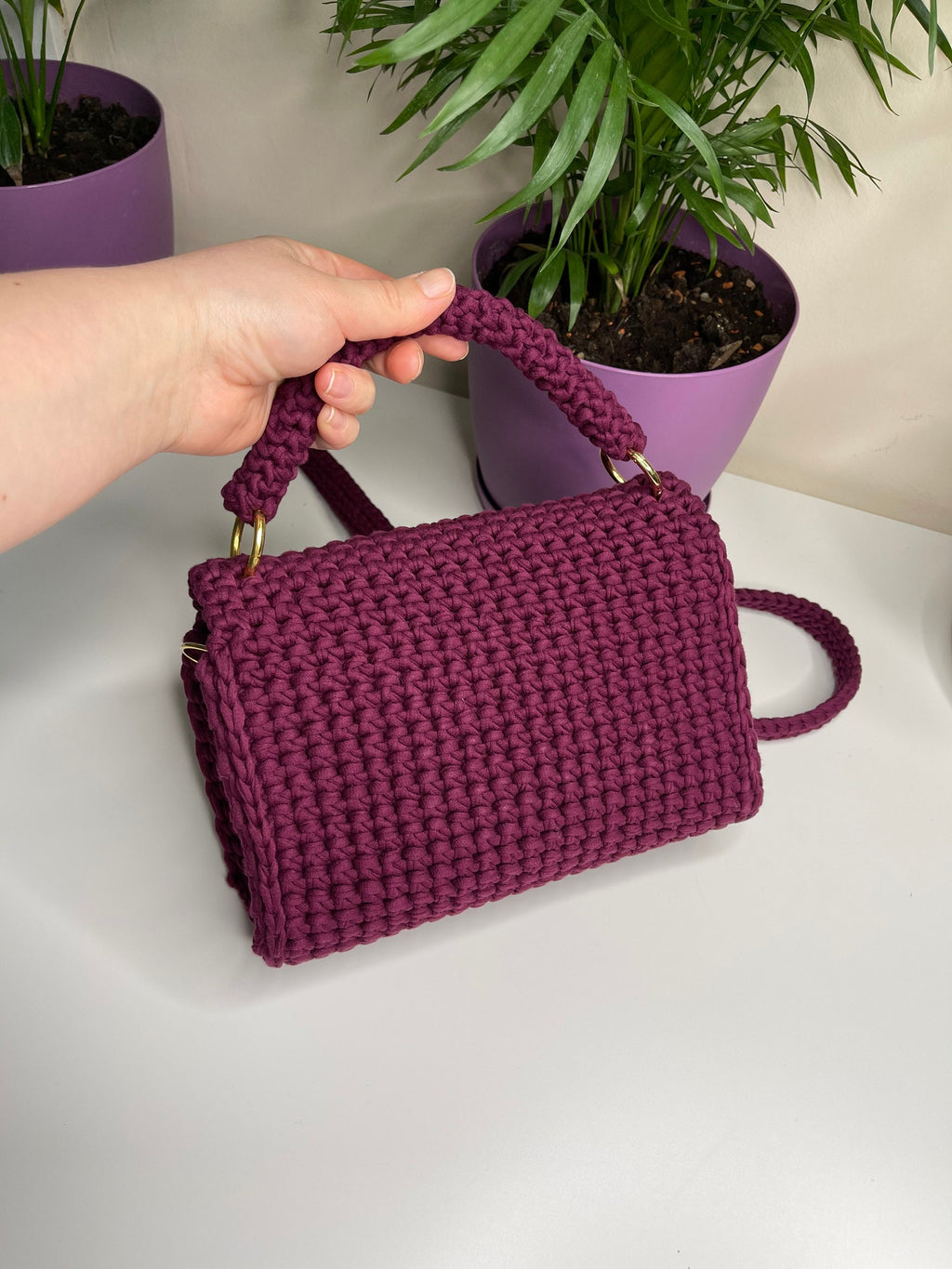 Handmade Crocheted Cotton Crossbody Bag, Fashion Handbag