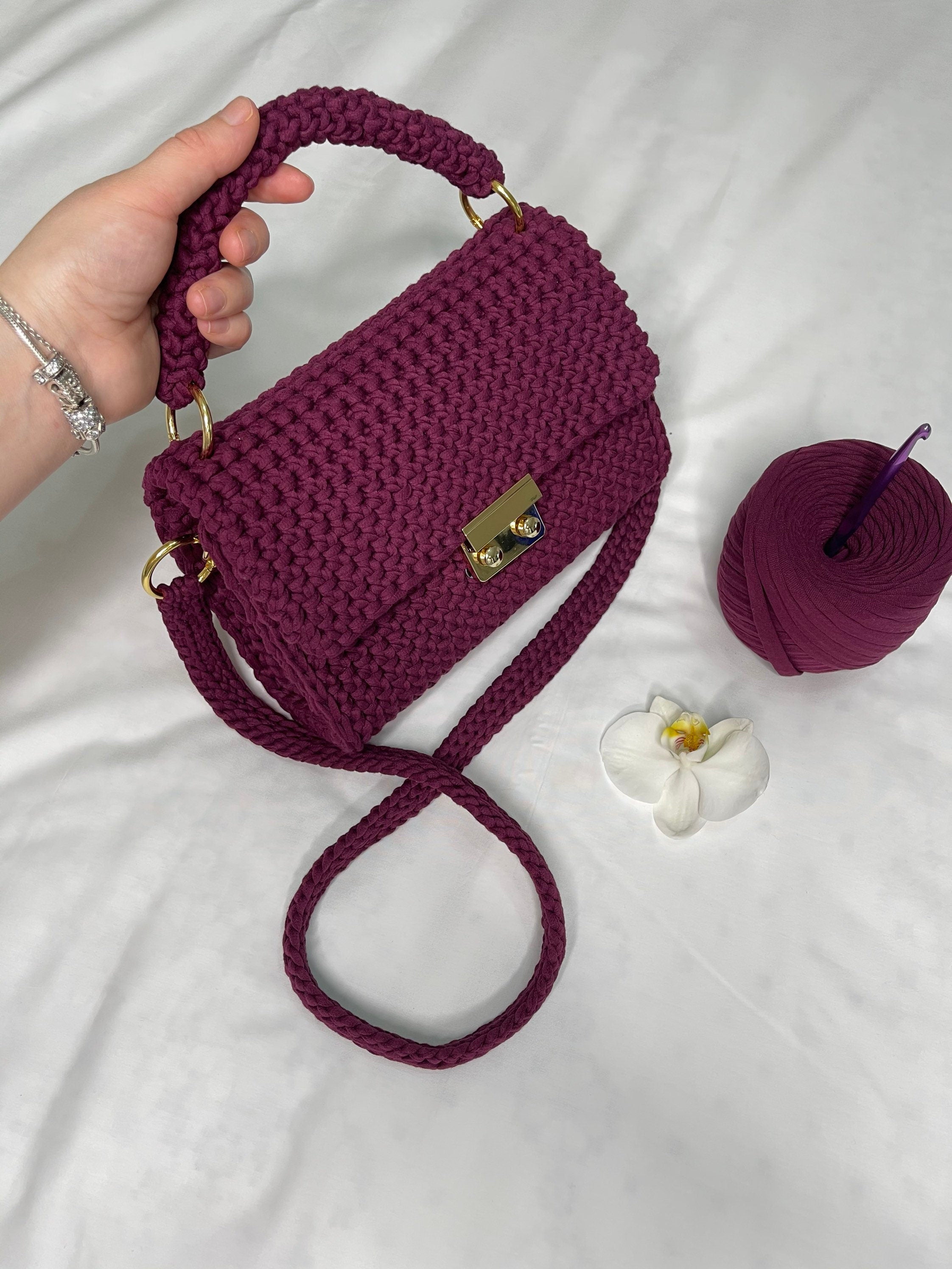Handmade Crocheted Cotton Crossbody Bag, Fashion Handbag