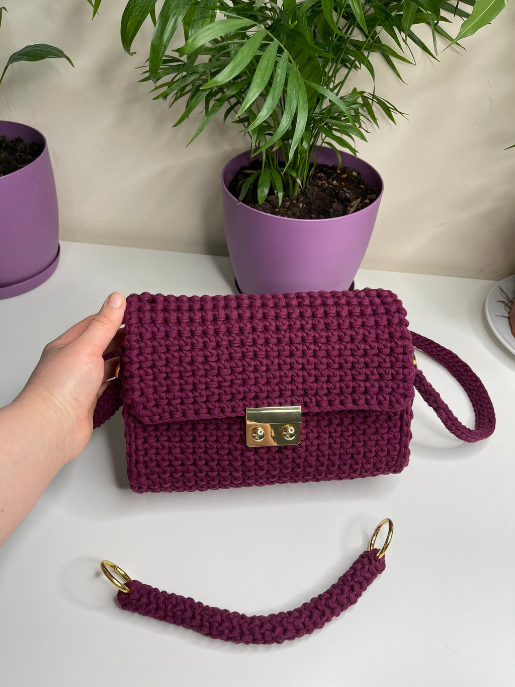 Handmade Crocheted Cotton Crossbody Bag, Fashion Handbag