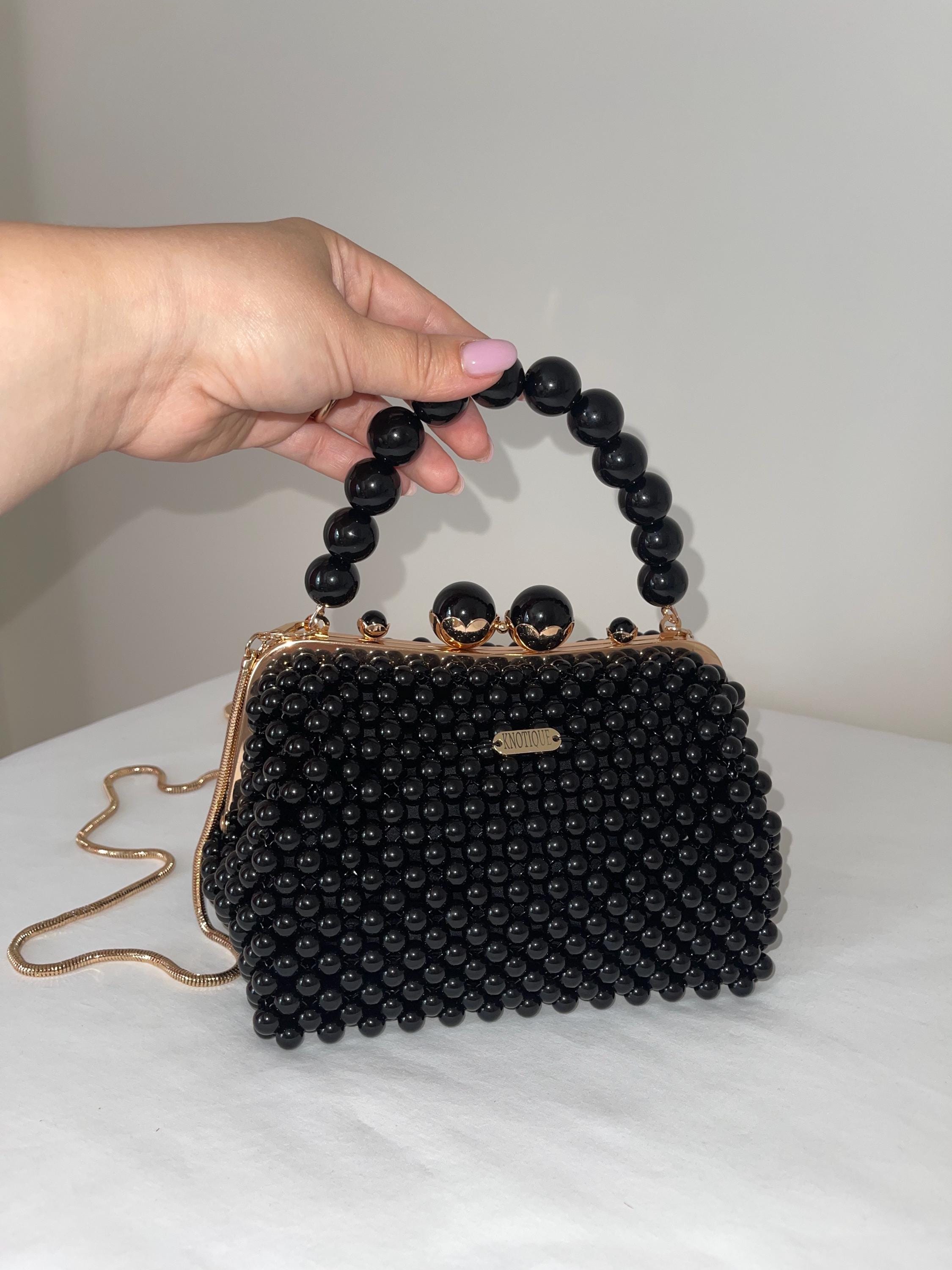 Handmade Black Beaded Evening Bag: Gold Chain Elegant Purse