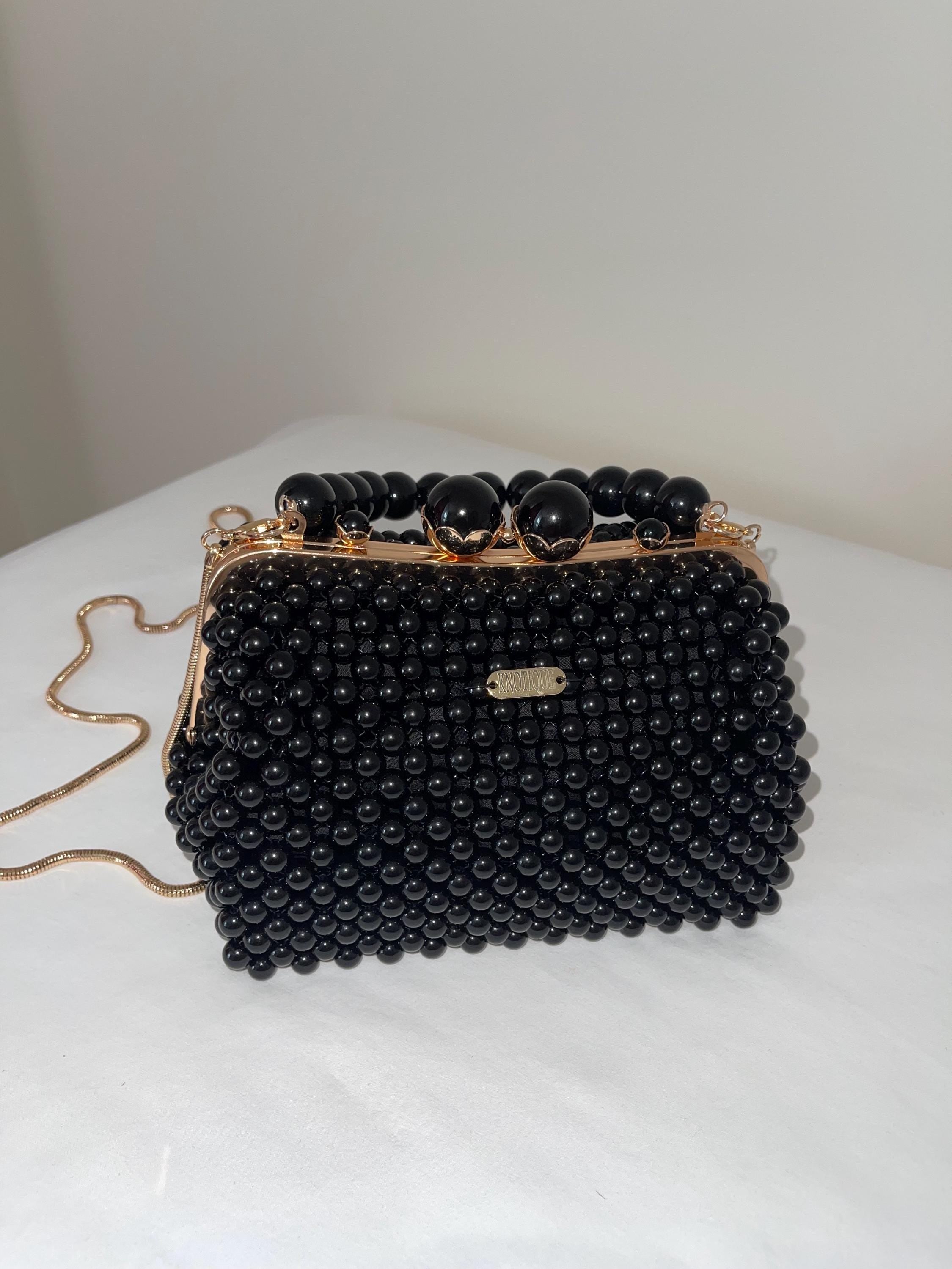 Handmade Black Beaded Evening Bag: Gold Chain Elegant Purse