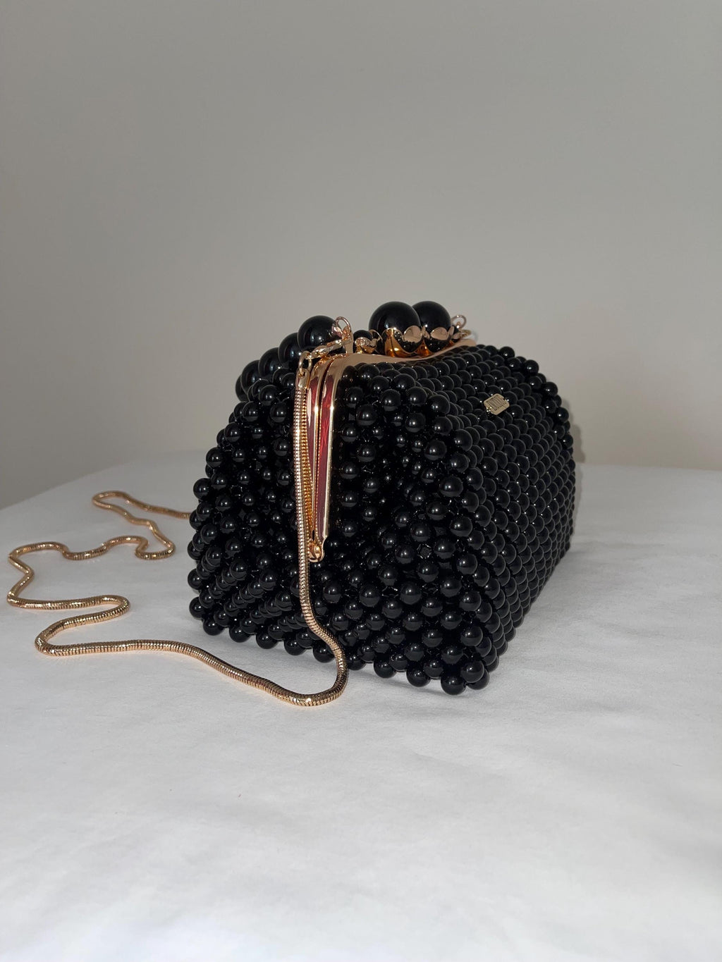 Handmade Black Beaded Evening Bag: Gold Chain Elegant Purse