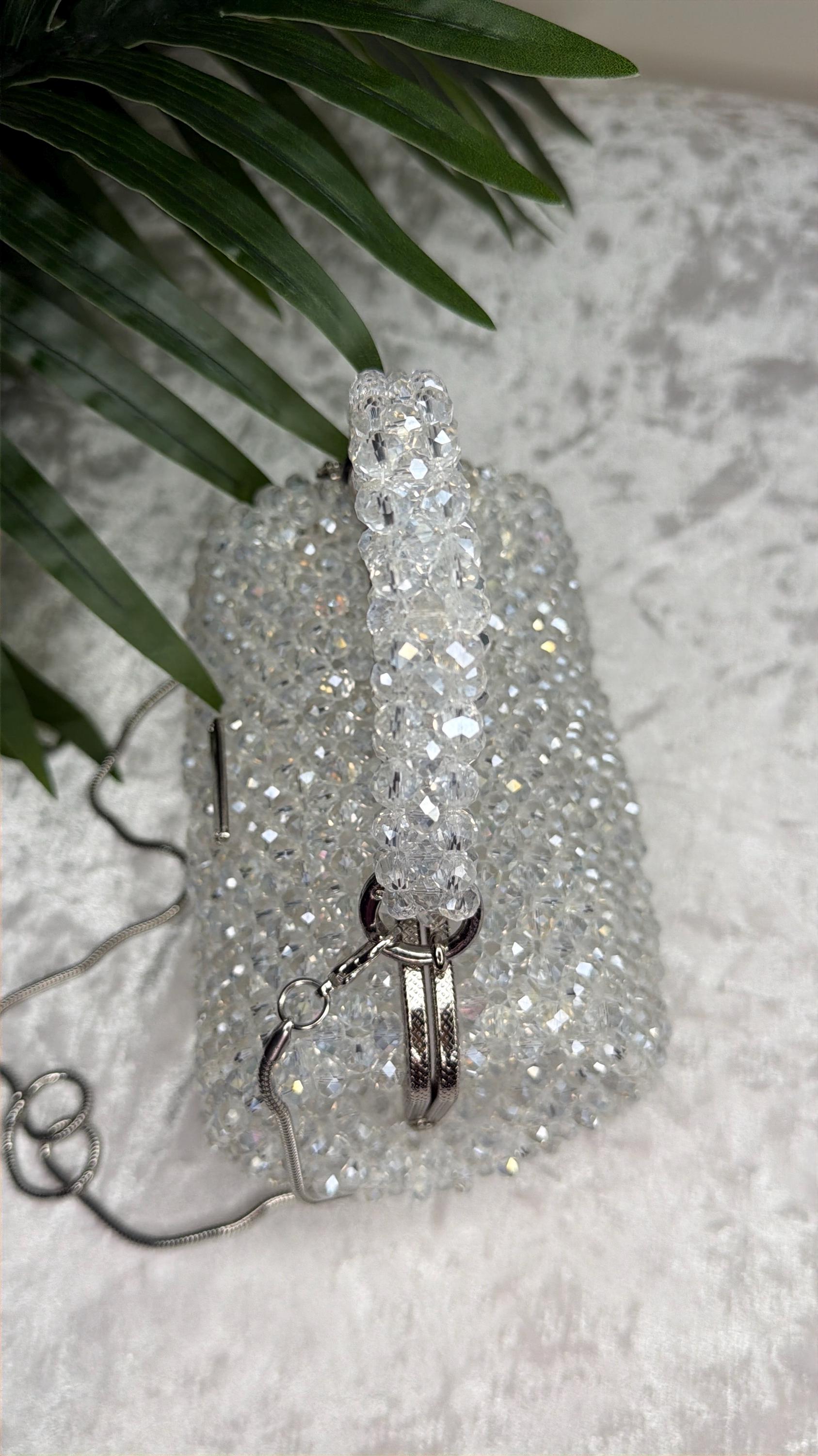 Handmade Crystal Beaded Evening Bag, Bridal Cocktail Purse with Chain