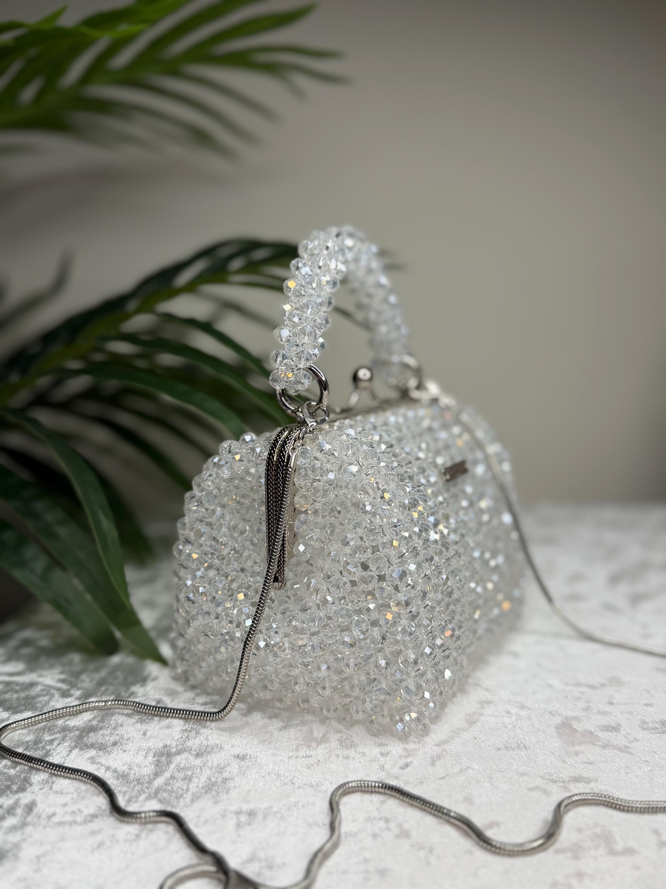 Handmade Crystal Beaded Evening Bag, Bridal Cocktail Purse with Chain