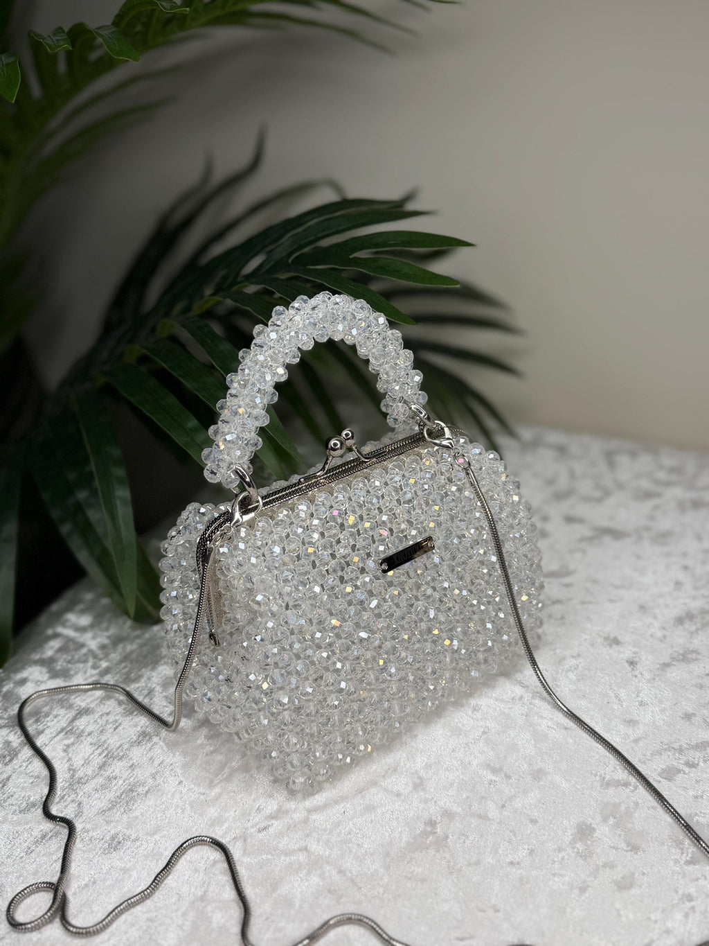 Handmade Crystal Beaded Evening Bag, Bridal Cocktail Purse with Chain