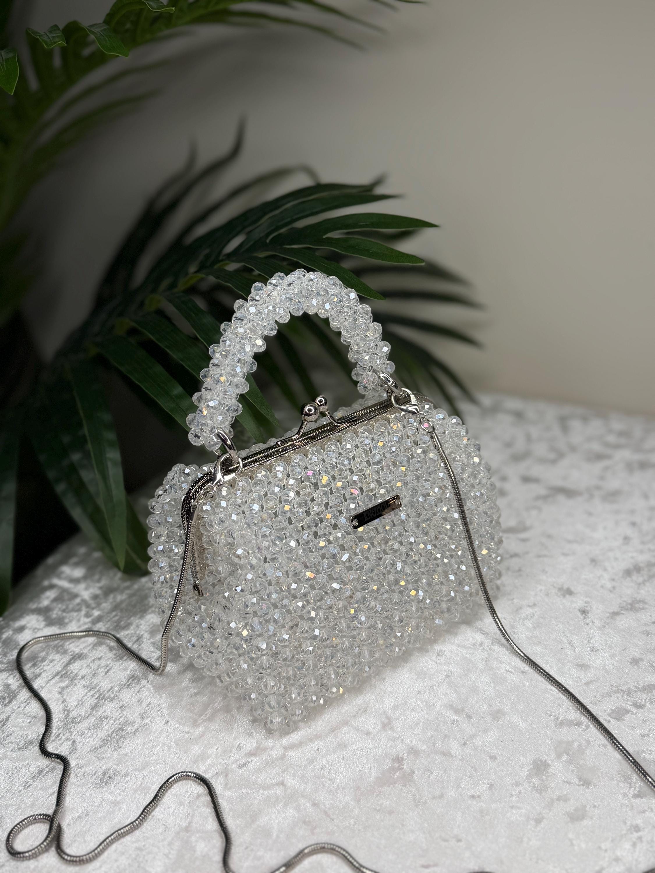 Handmade Crystal Beaded Evening Bag, Bridal Cocktail Purse with Chain