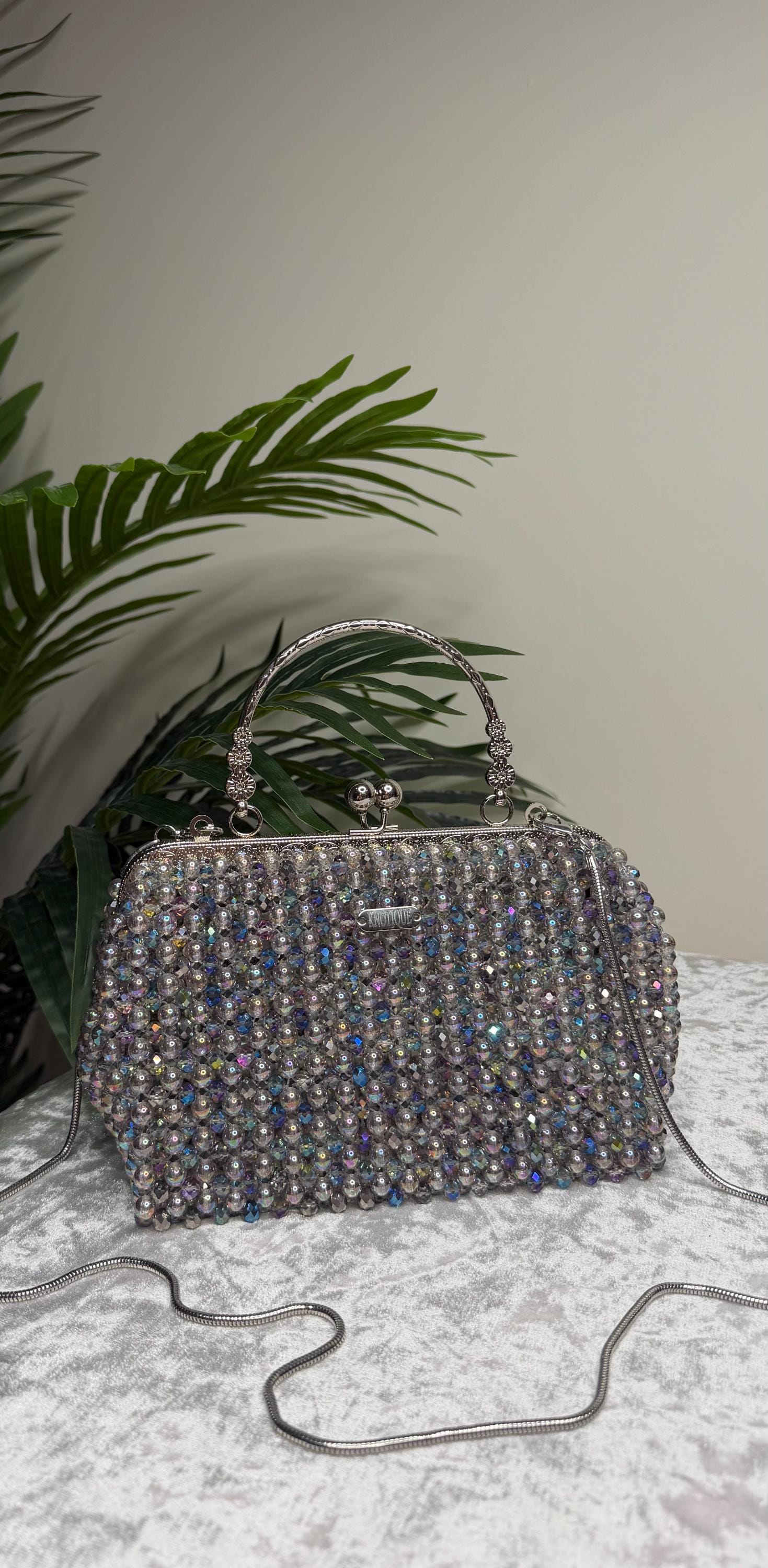 Handmade Iridescent Crystal Beaded Evening Bag, Wedding Cocktail Purse
