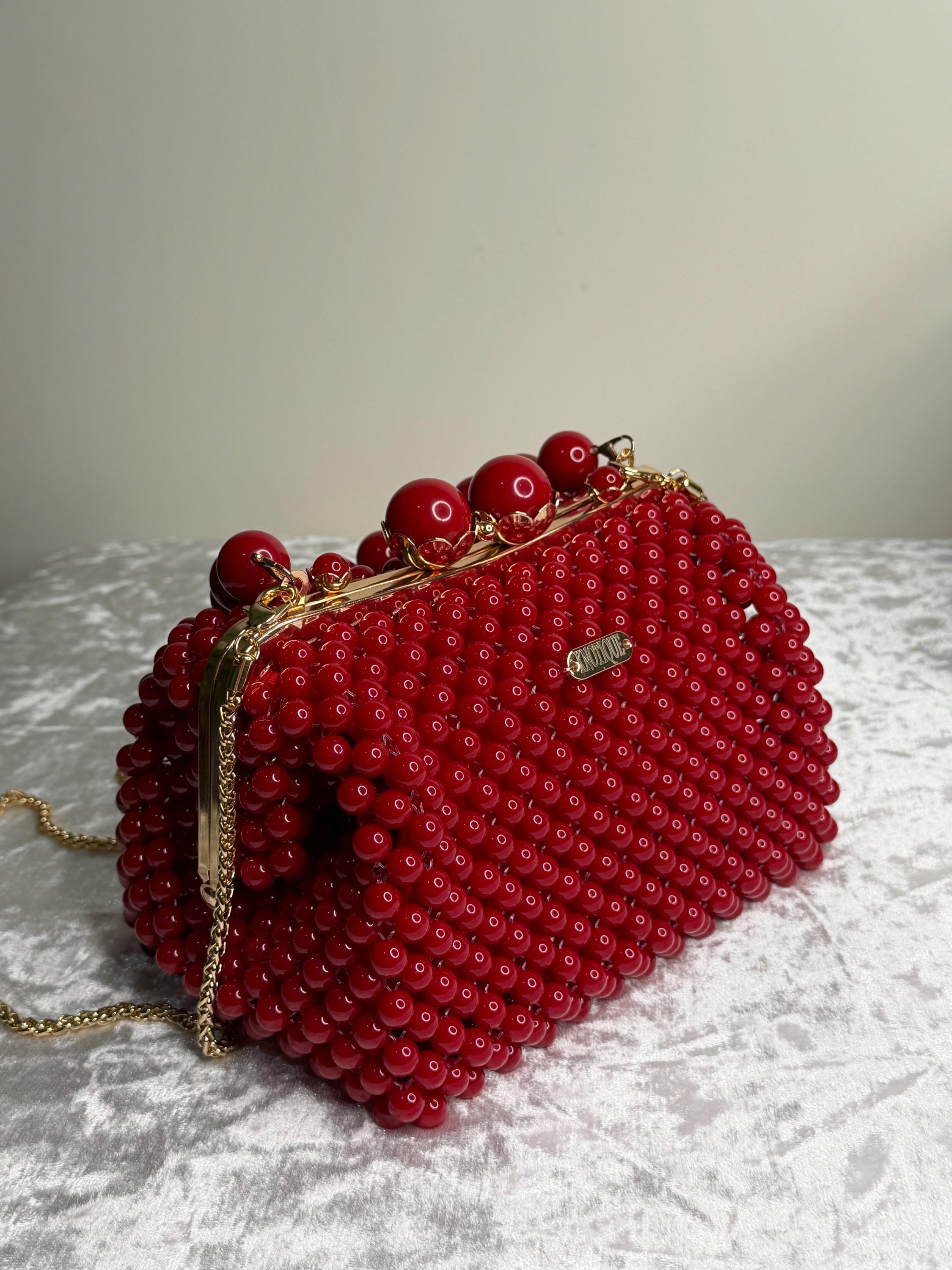 Handmade Burgundy Beaded Evening Bag, Acrylic Top Handle Clutch, Formal Party Purse