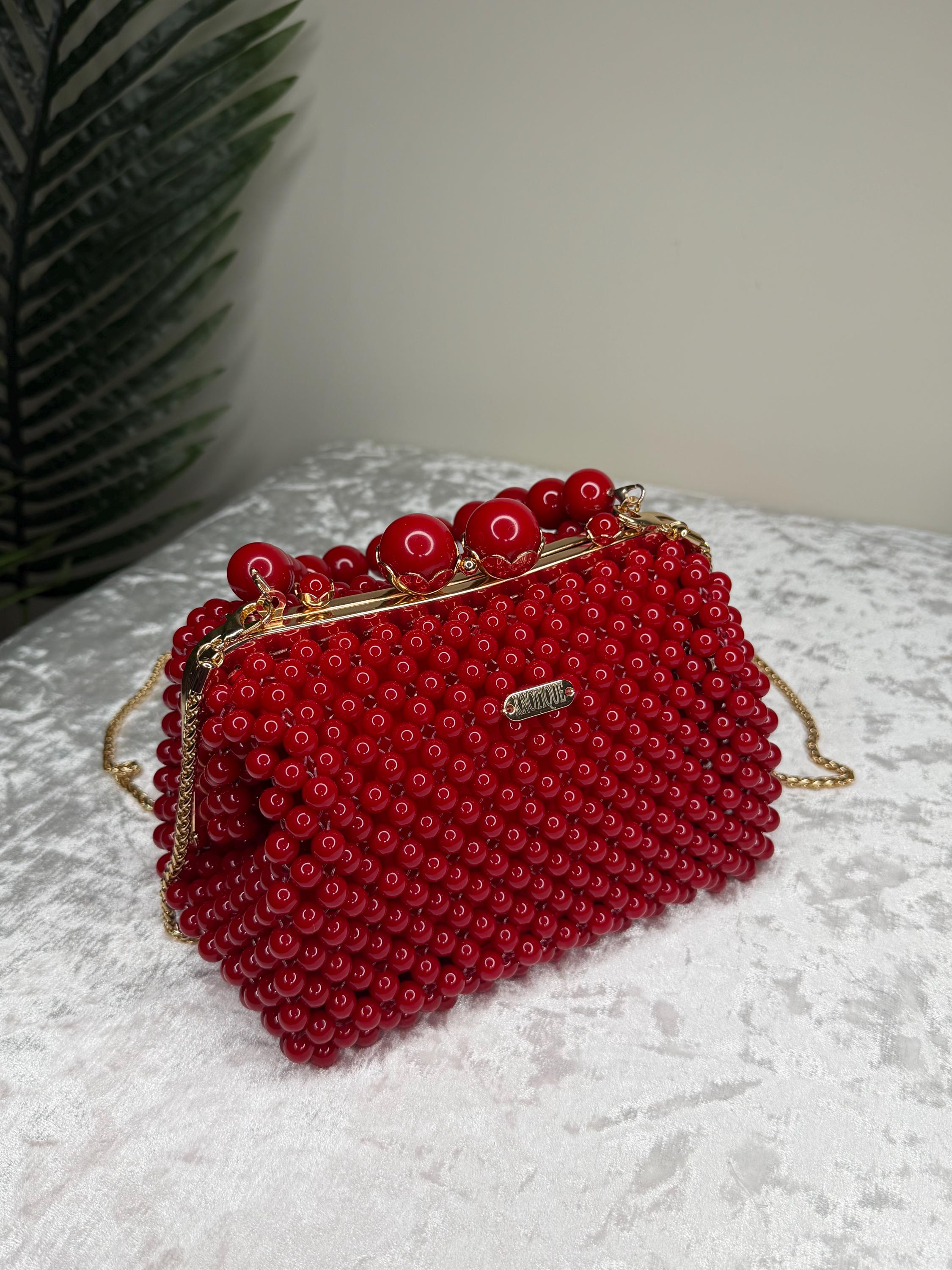 Handmade Burgundy Beaded Evening Bag, Acrylic Top Handle Clutch, Formal Party Purse