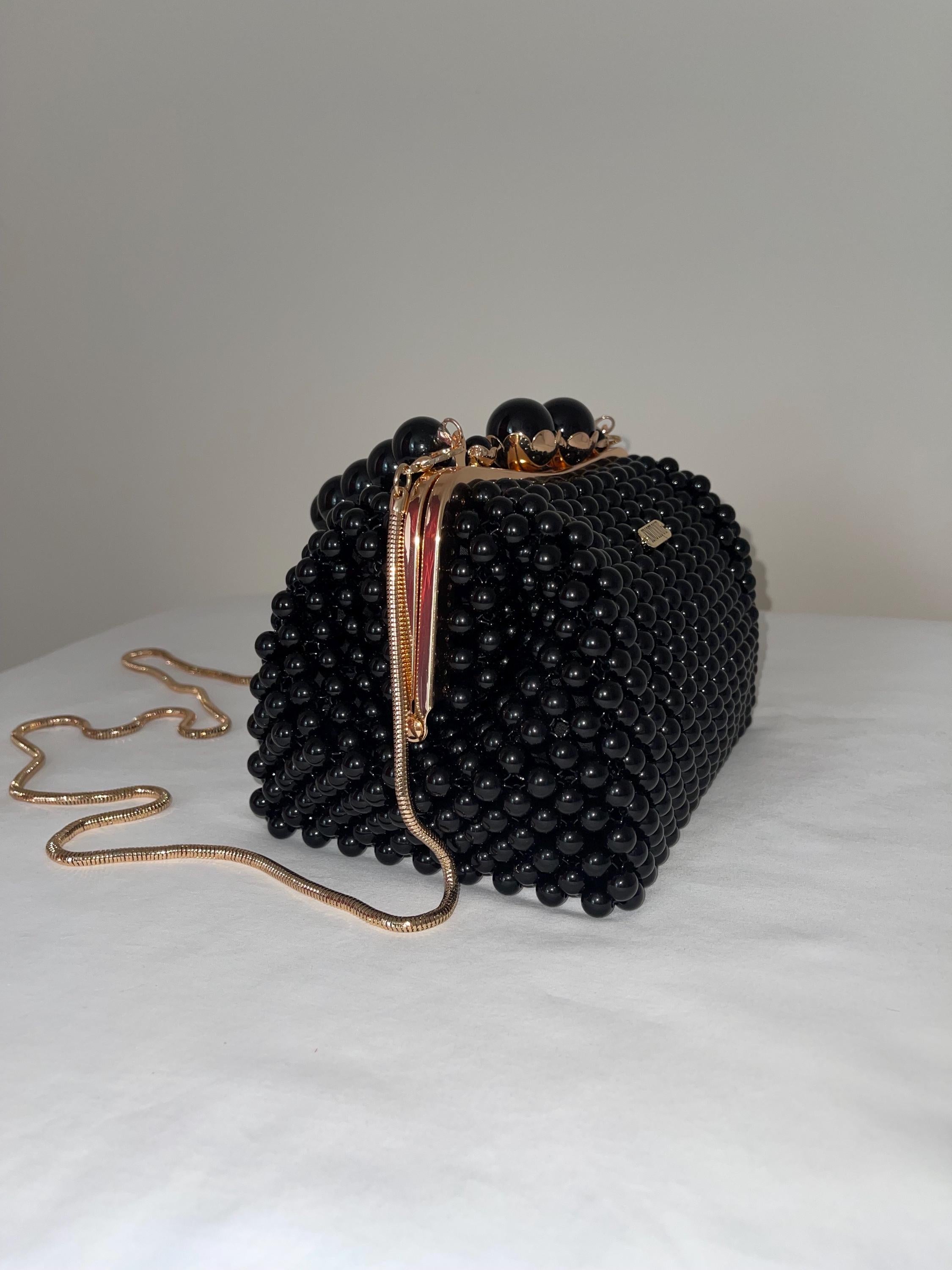 Black Beaded Evening Bag, Crystal Top Handle Clutch, Handmade Statement Purse