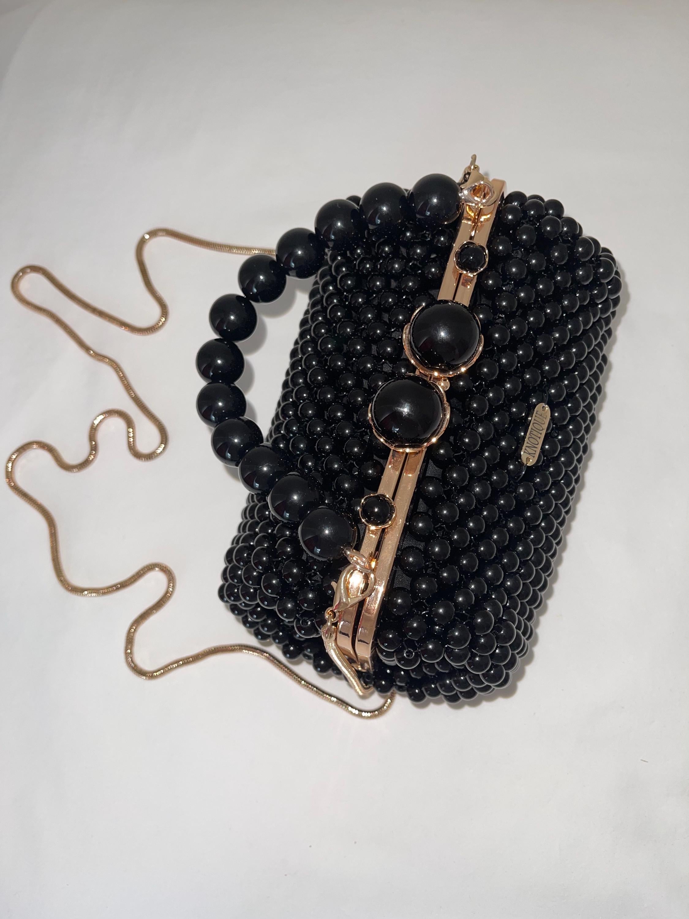 Black Beaded Evening Bag, Crystal Top Handle Clutch, Handmade Statement Purse