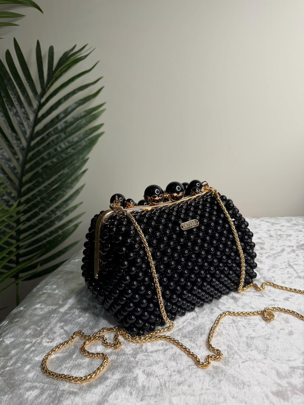 Black Beaded Evening Bag, Crystal Top Handle Clutch, Handmade Statement Purse