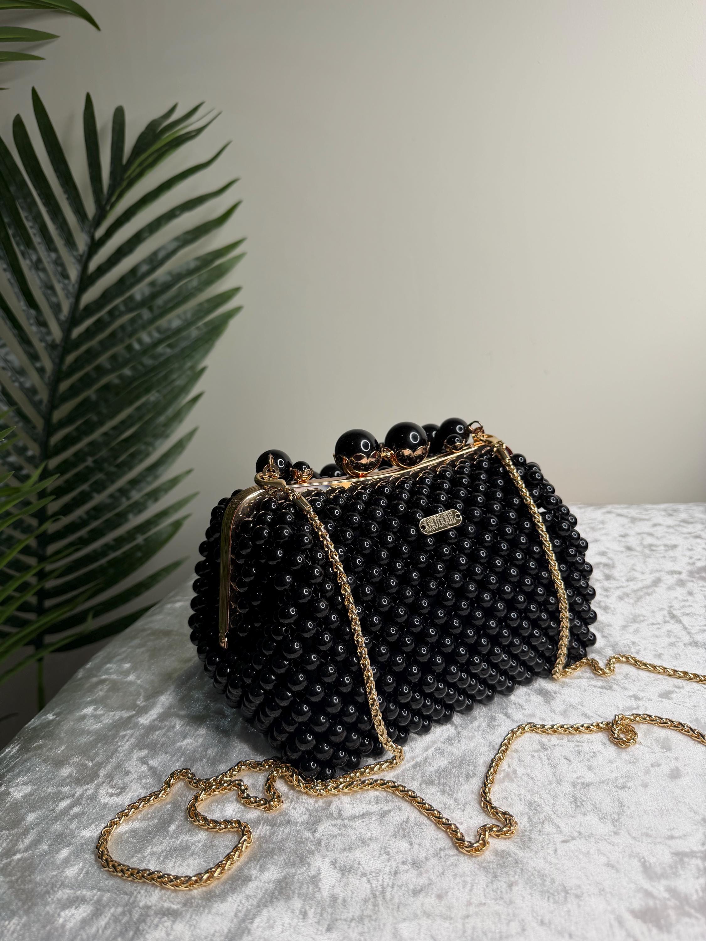 Black Beaded Evening Bag, Crystal Top Handle Clutch, Handmade Statement Purse