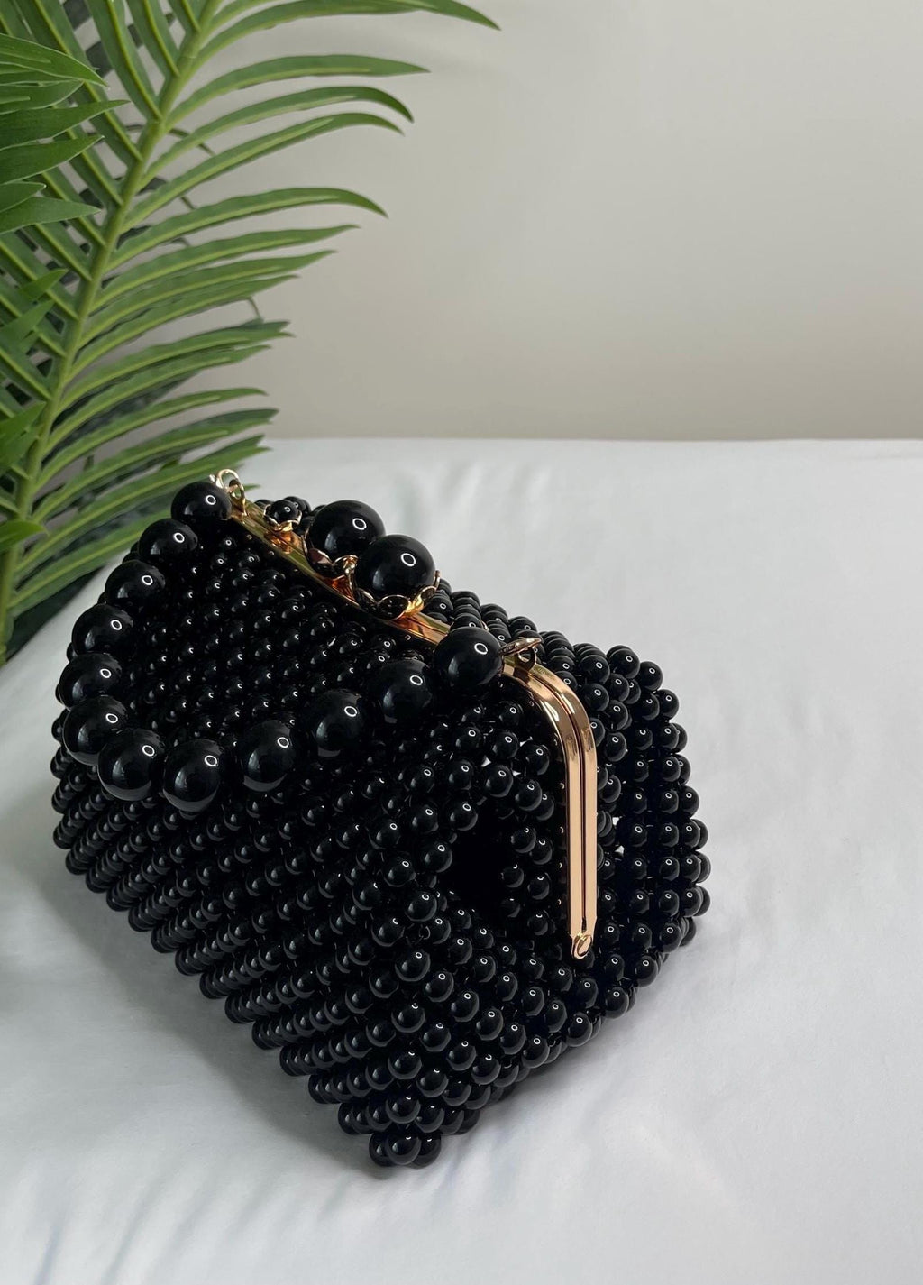 Black Beaded Evening Bag, Crystal Top Handle Clutch, Handmade Statement Purse