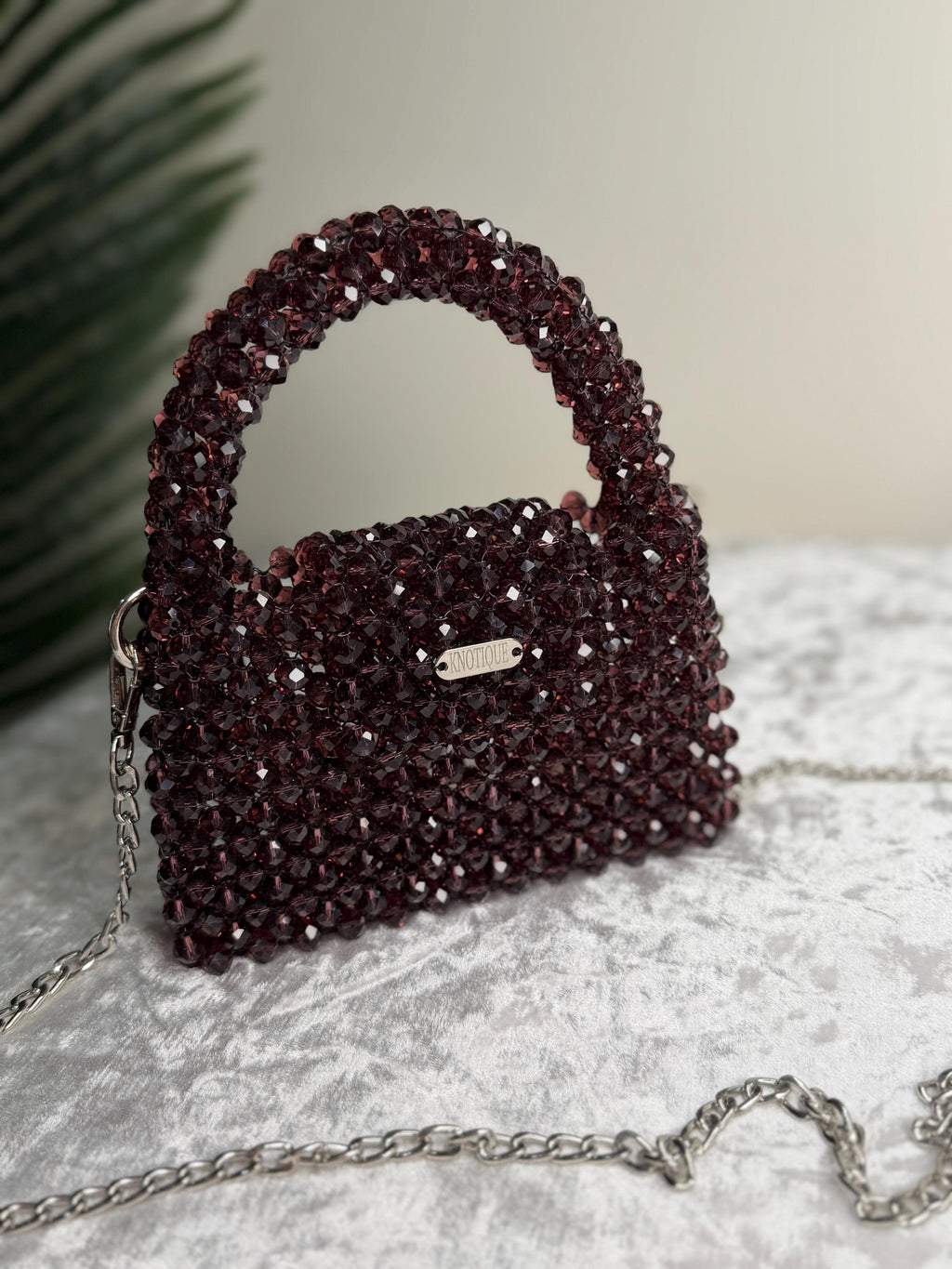 Deep Burgundy Beaded Mini Bag, Elegant Crystal Evening Crossbody Purse