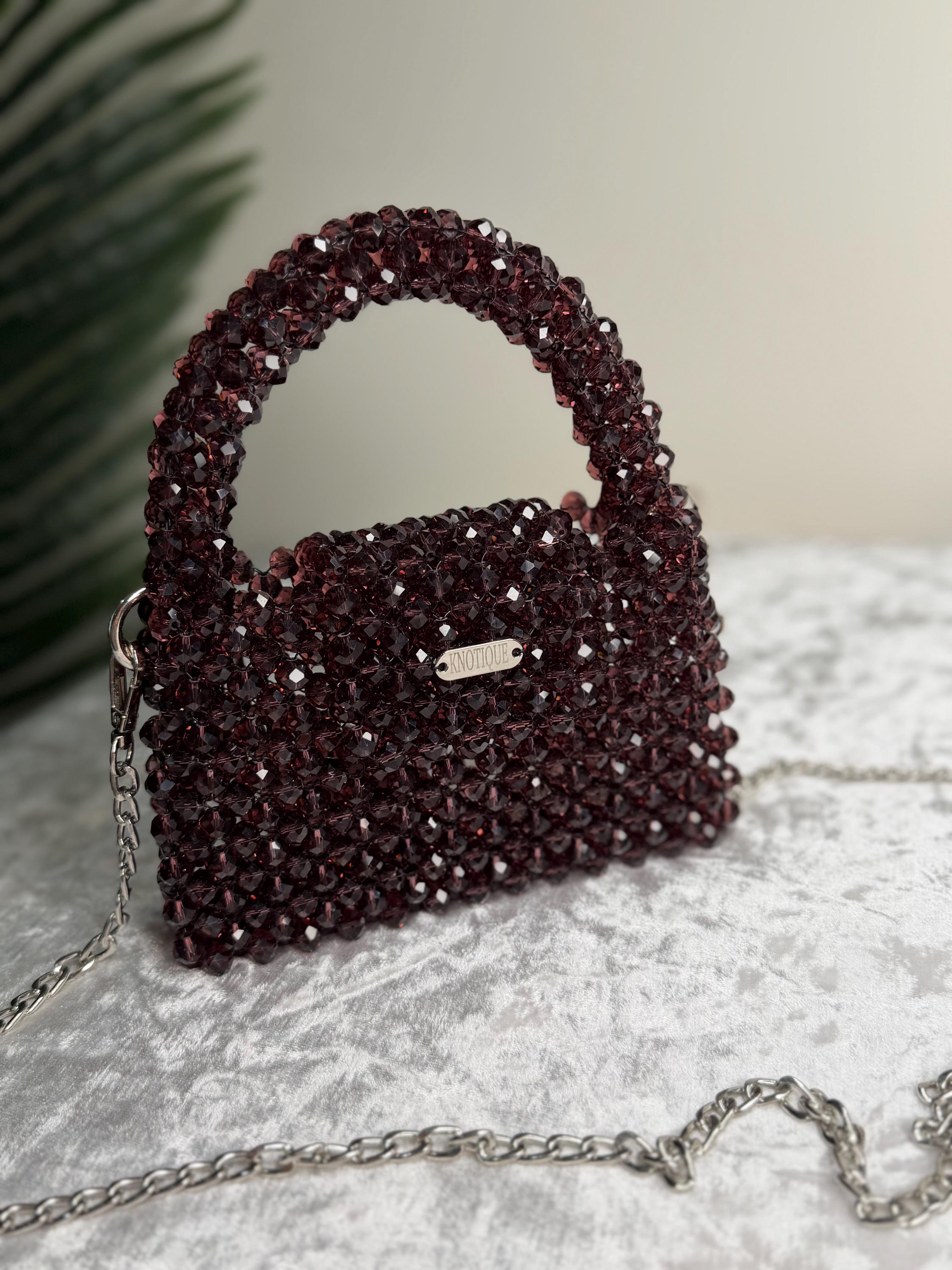 Deep Burgundy Beaded Mini Bag, Elegant Crystal Evening Crossbody Purse