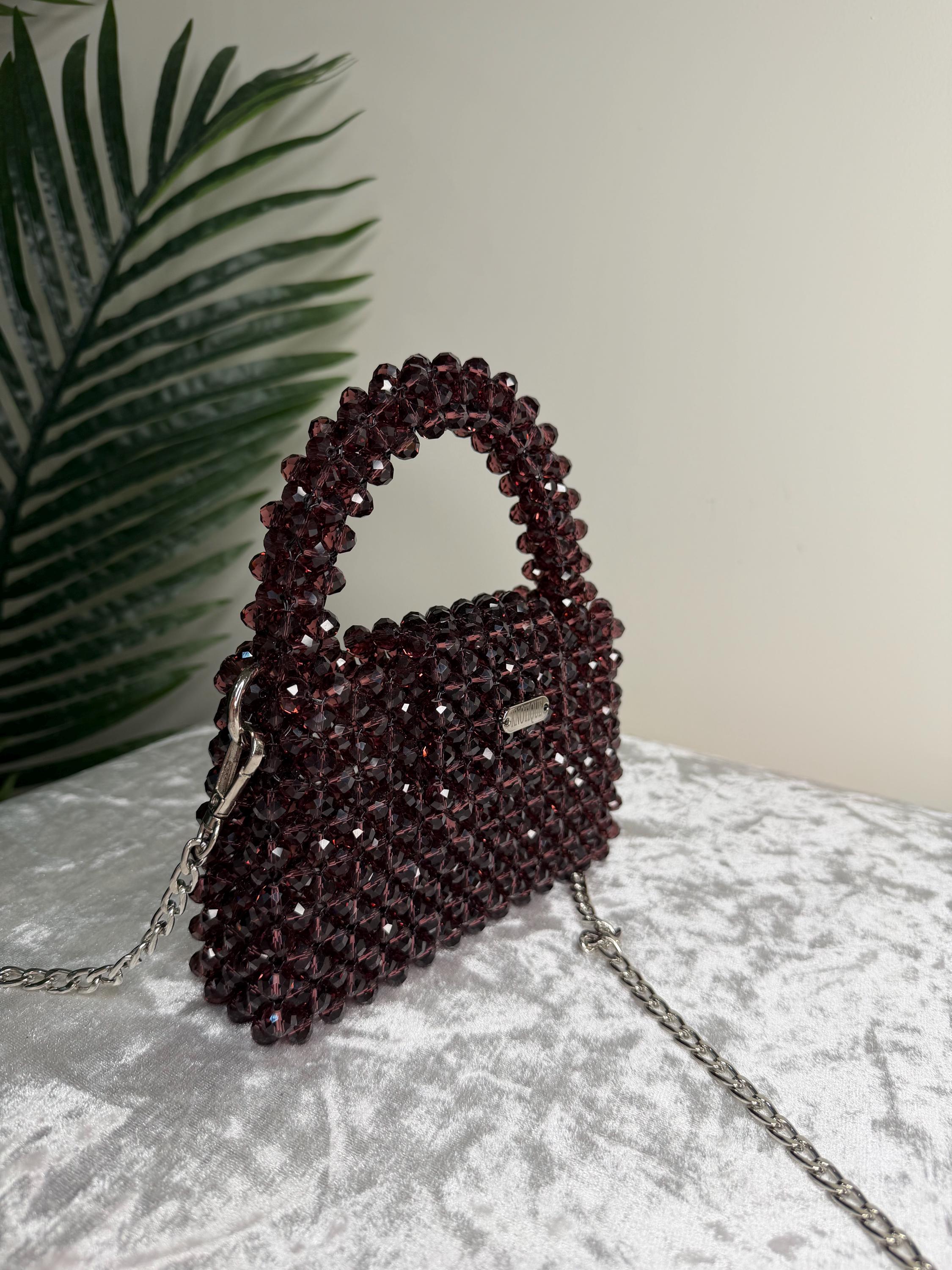 Deep Burgundy Beaded Mini Bag, Elegant Crystal Evening Crossbody Purse