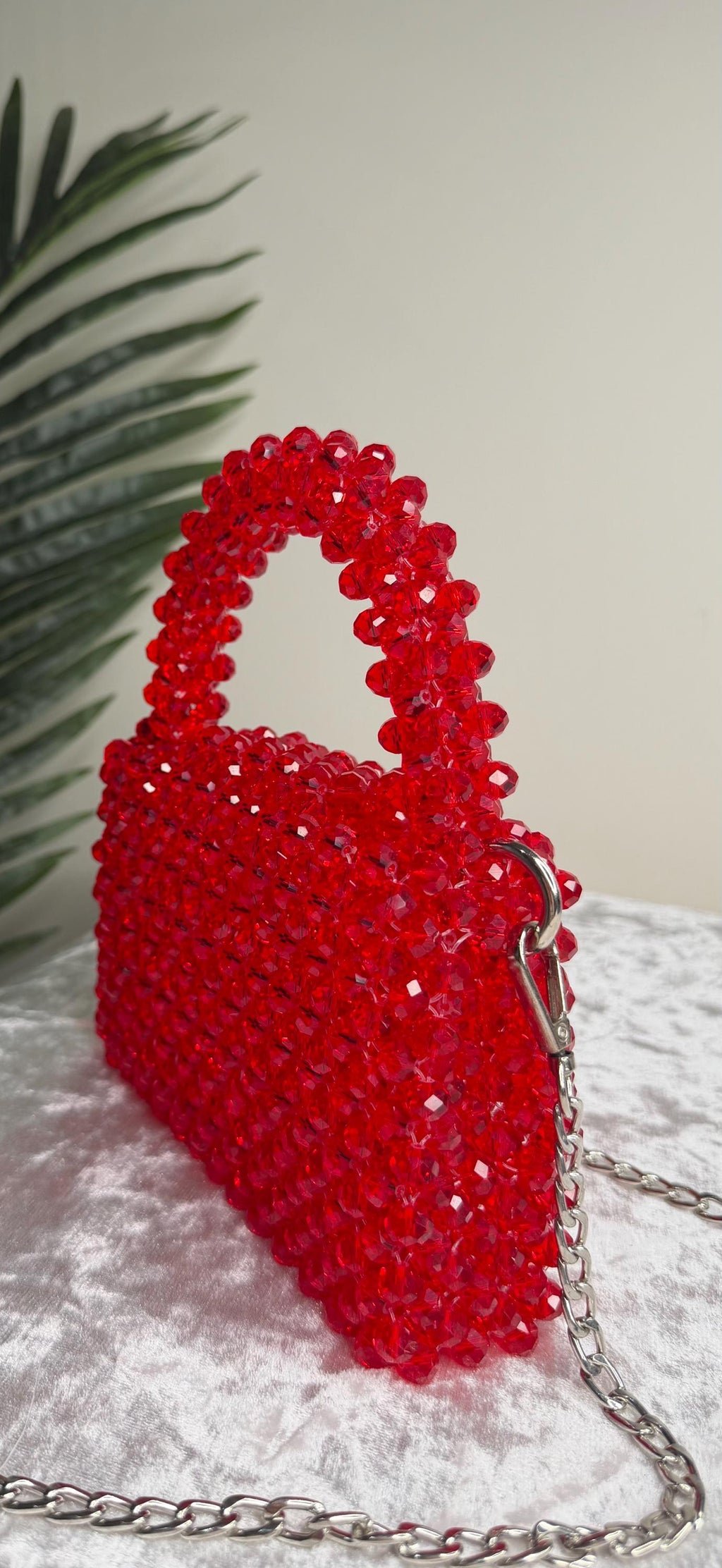 Handmade Beaded Mini Bag Red – Evening Crossbody Bag with Chain Strap