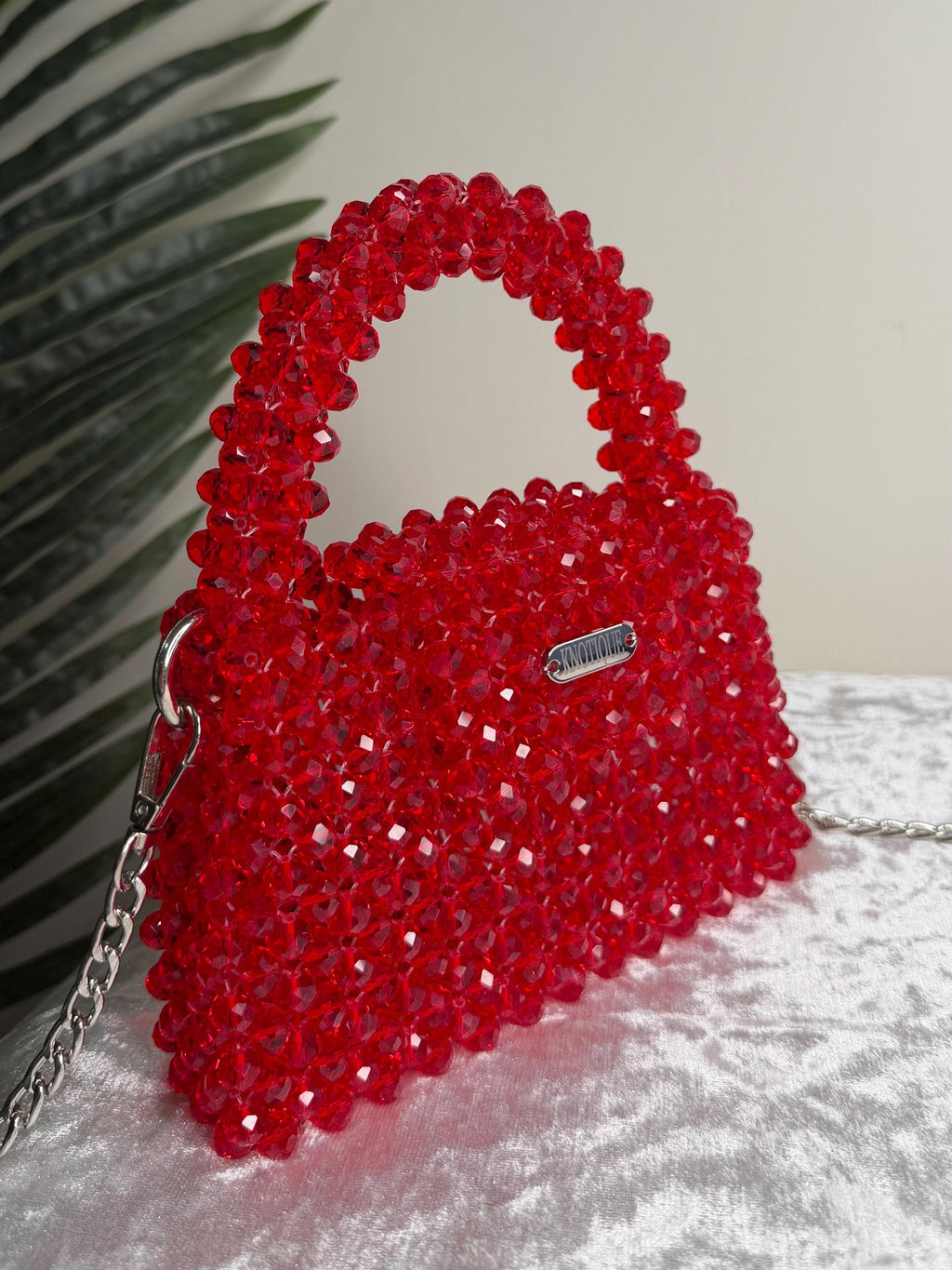 Handmade Beaded Mini Bag Red – Evening Crossbody Bag with Chain Strap