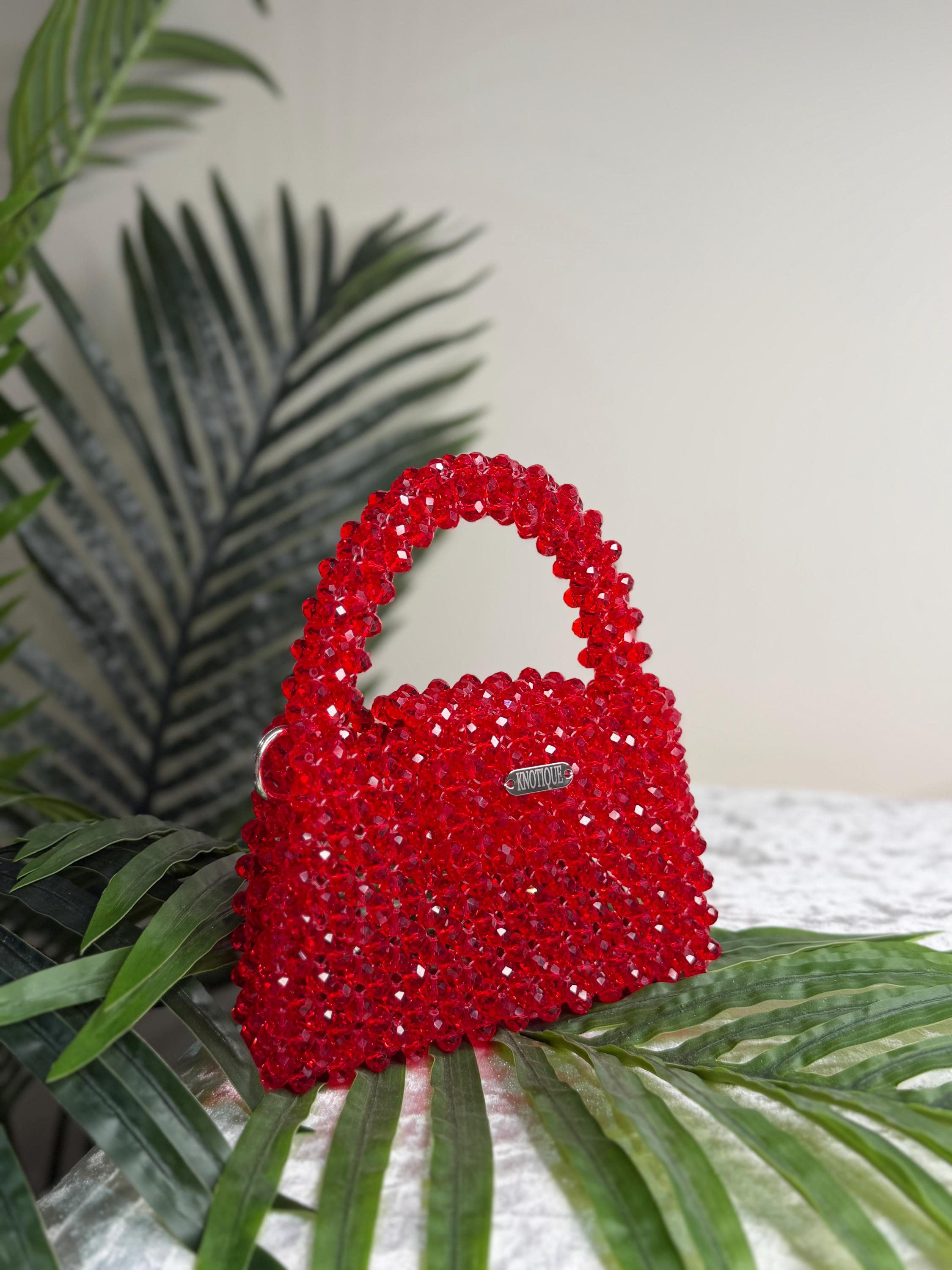 Handmade Beaded Mini Bag Red – Evening Crossbody Bag with Chain Strap