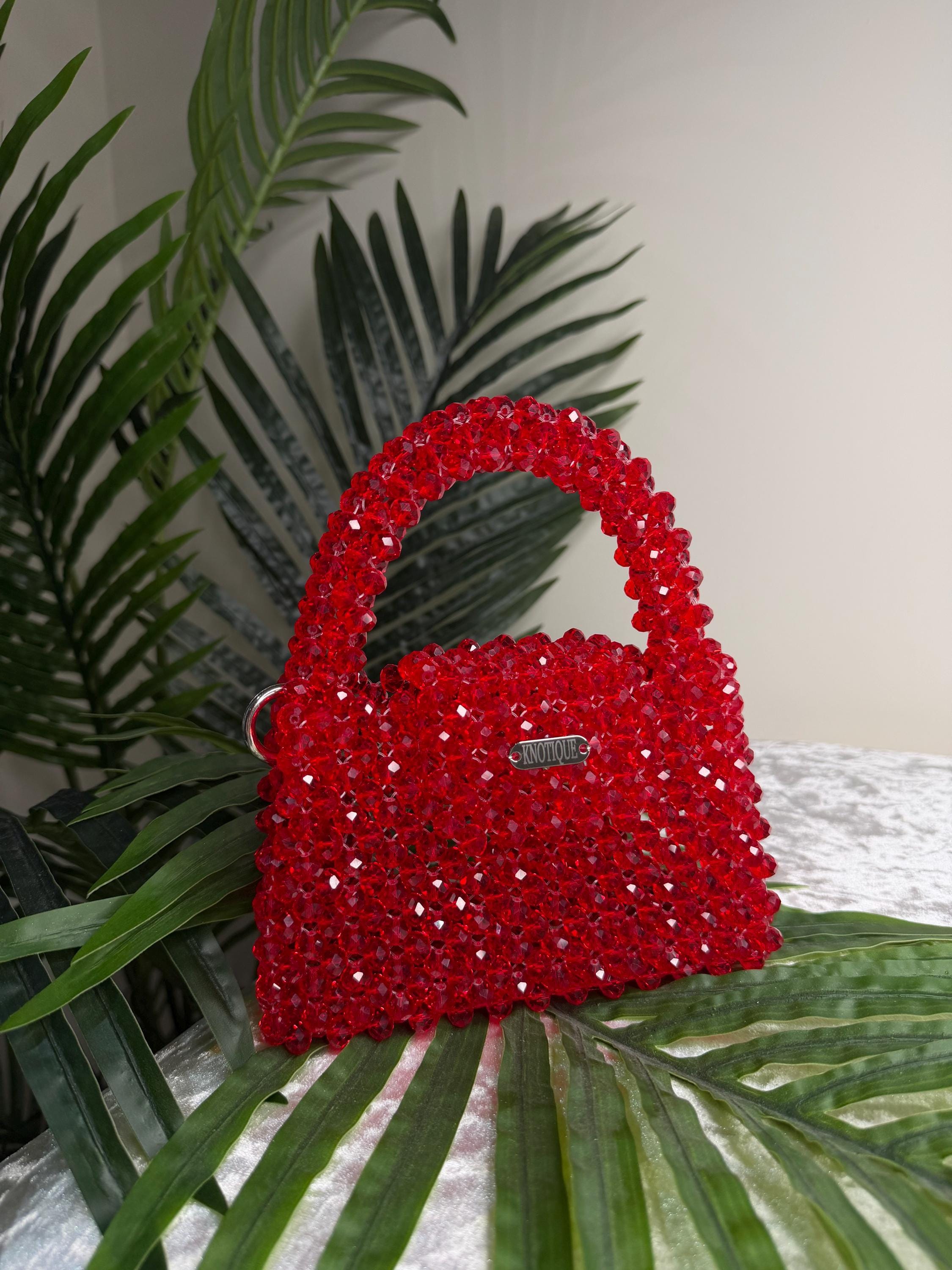 Handmade Beaded Mini Bag Red – Evening Crossbody Bag with Chain Strap