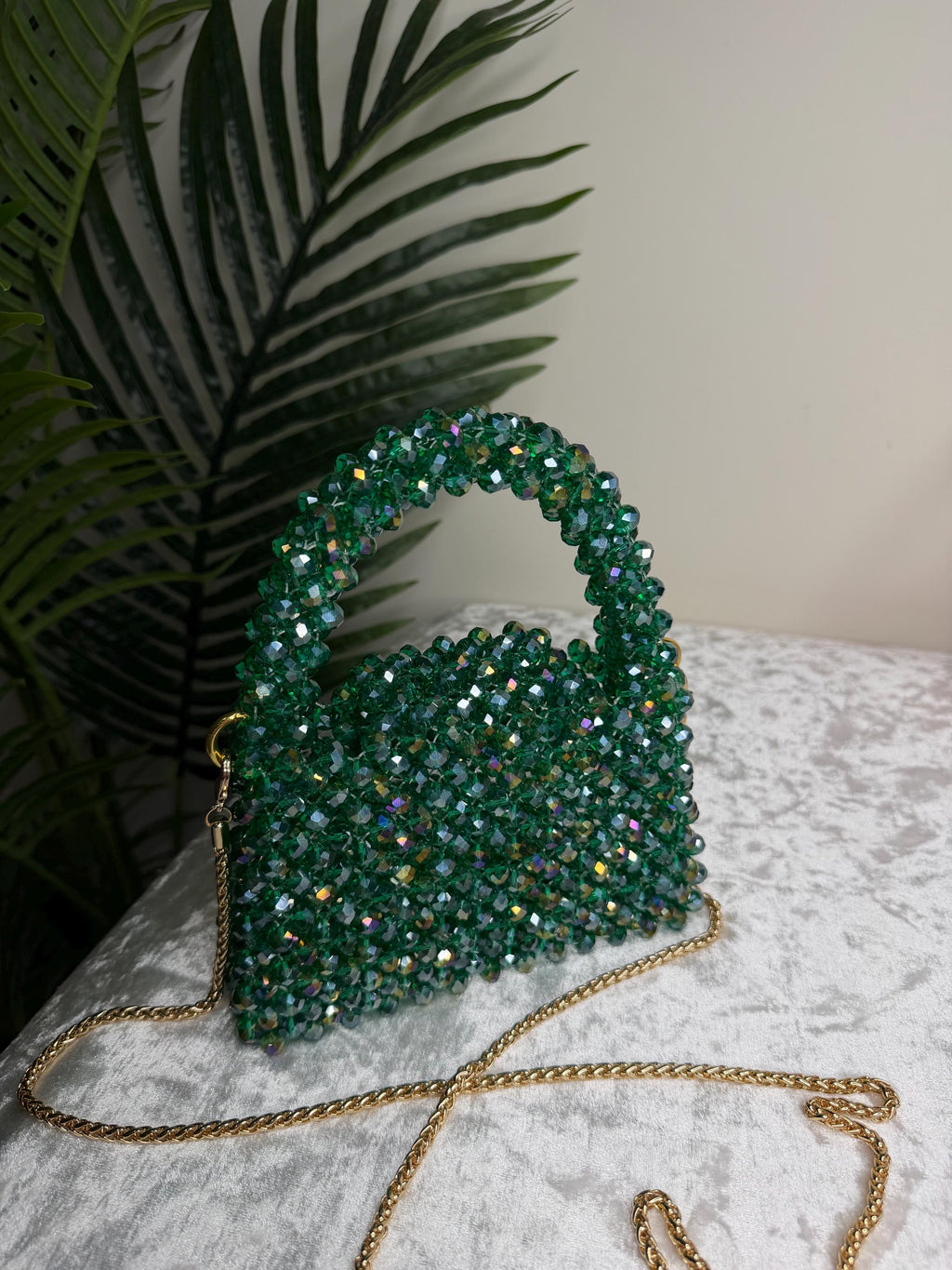 Emerald Crystal Mini Bag – Handmade Beaded Evening Purse with Gold Chain