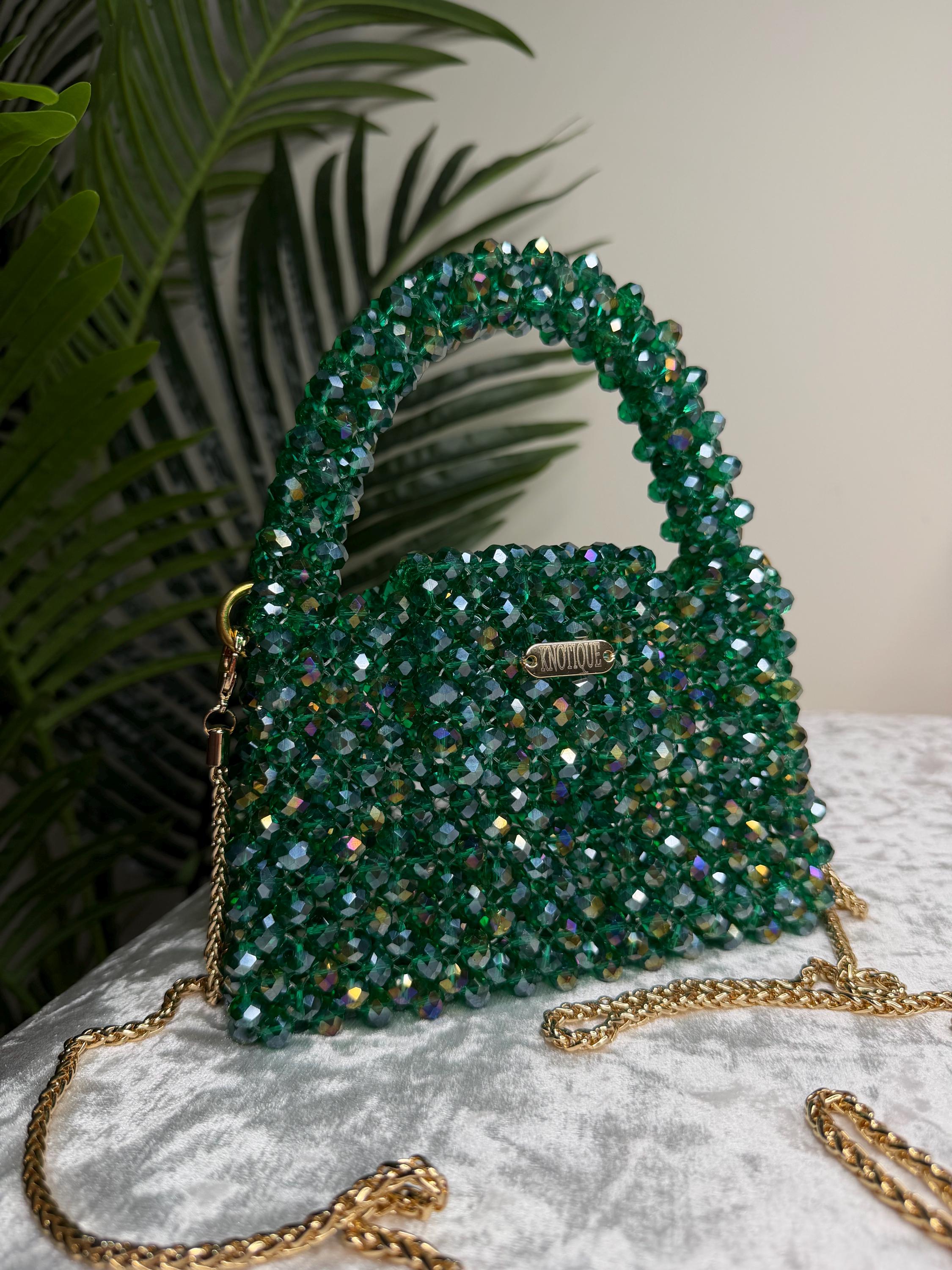 Emerald Crystal Mini Bag – Handmade Beaded Evening Purse with Gold Chain