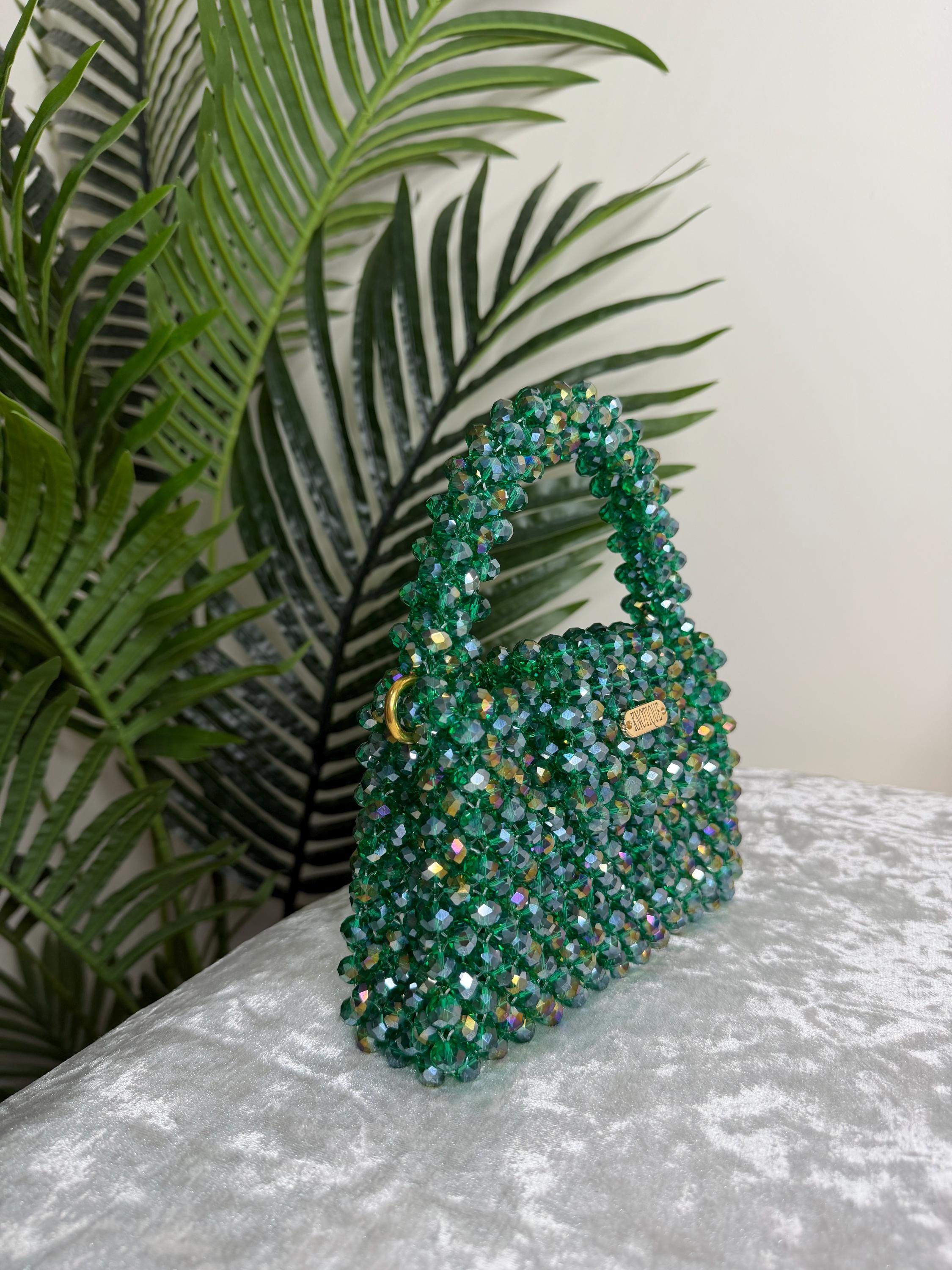 Emerald Crystal Mini Bag – Handmade Beaded Evening Purse with Gold Chain