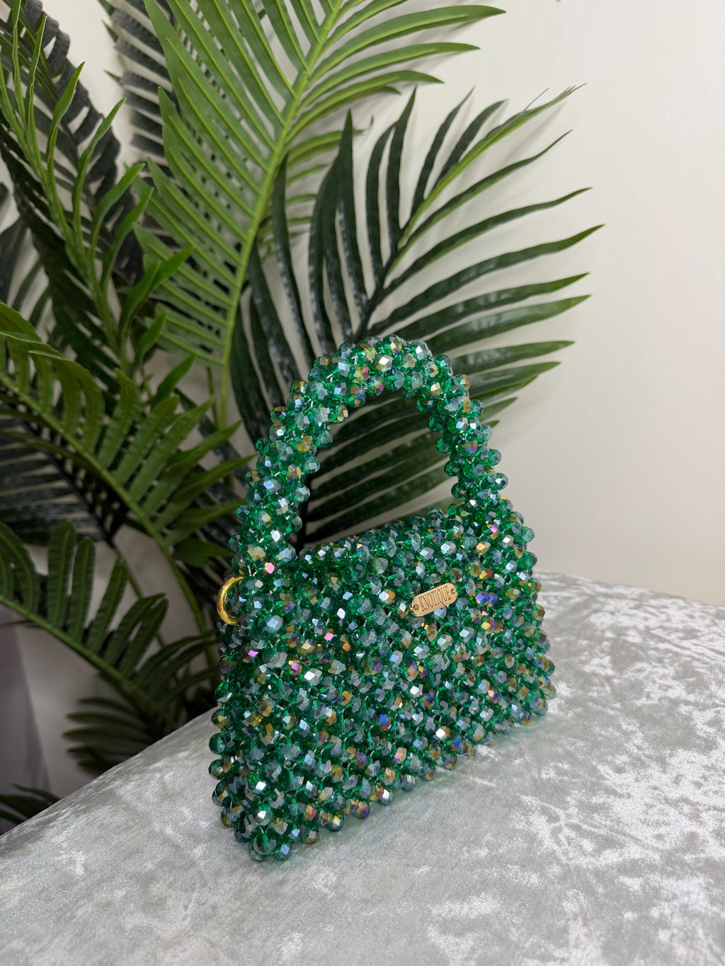Emerald Crystal Mini Bag – Handmade Beaded Evening Purse with Gold Chain
