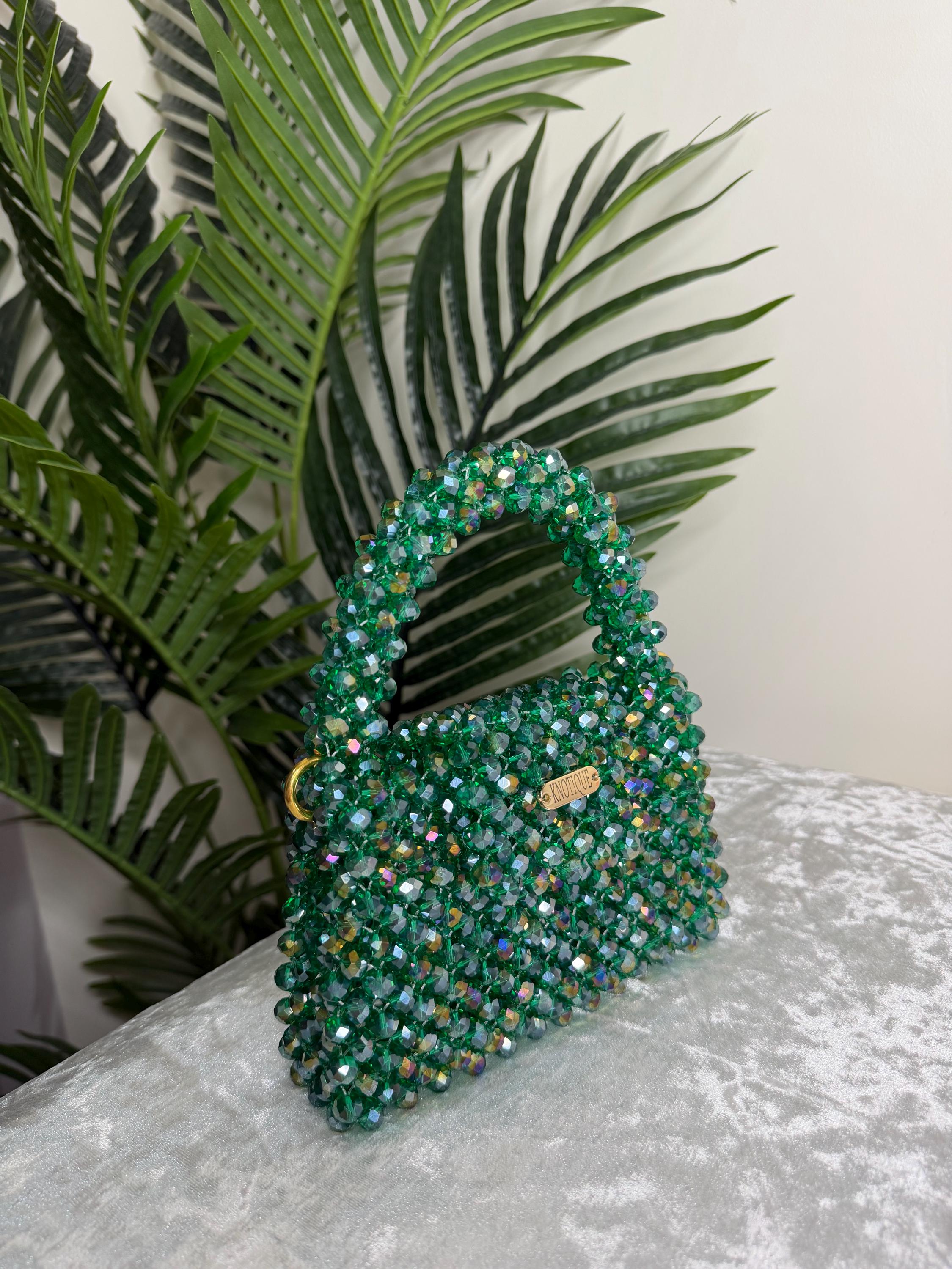Emerald Crystal Mini Bag – Handmade Beaded Evening Purse with Gold Chain