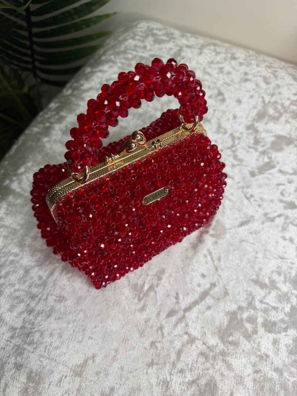 Red Crystal Beaded Clutch Bag, Handmade Evening Purse, Gold Chain Strap