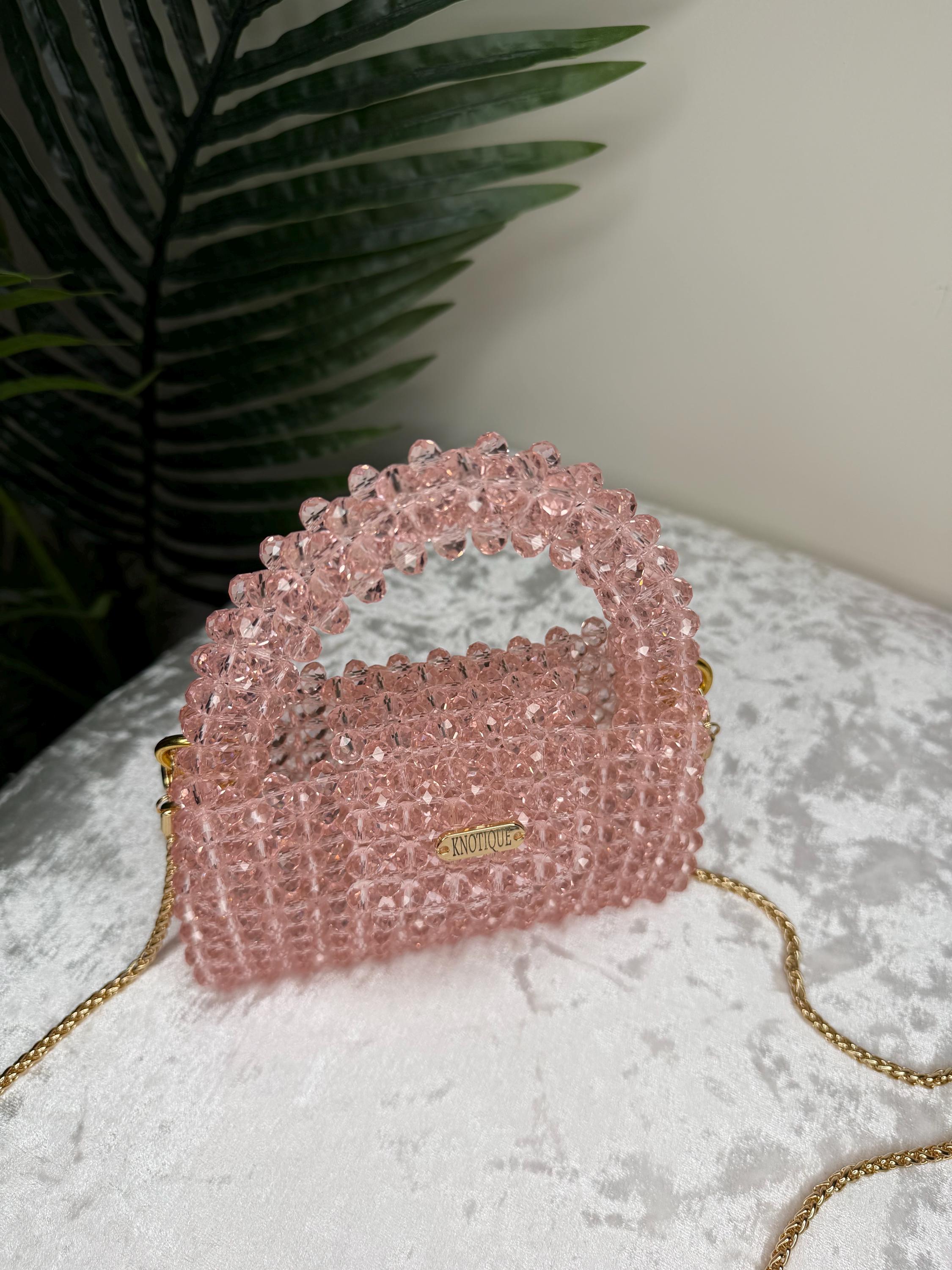 Blush Pink Crystal Beaded Mini Bag, Top Handle Clutch, Bridal Evening Purse