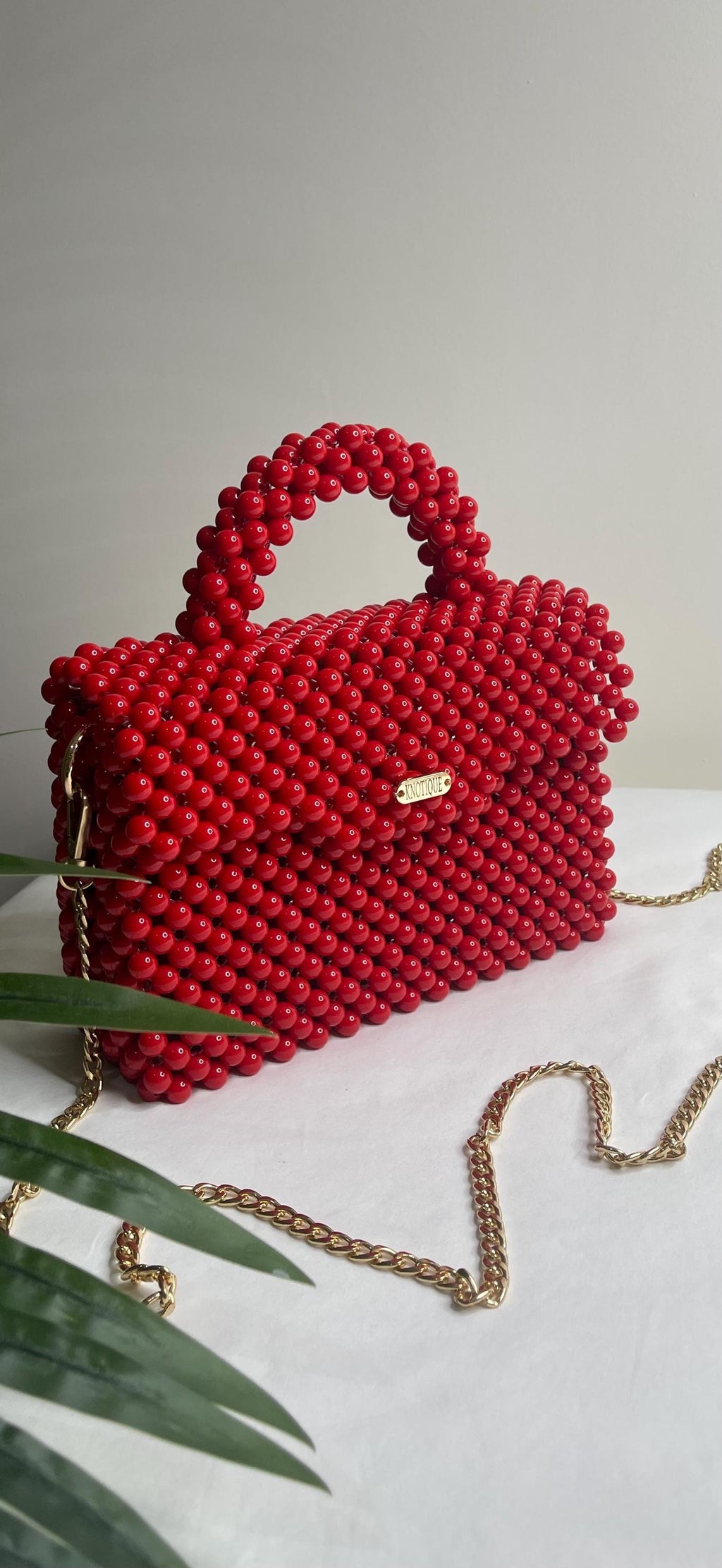 Red Beaded Statement Handbag, Gold Chain Top Handle Evening Clutch