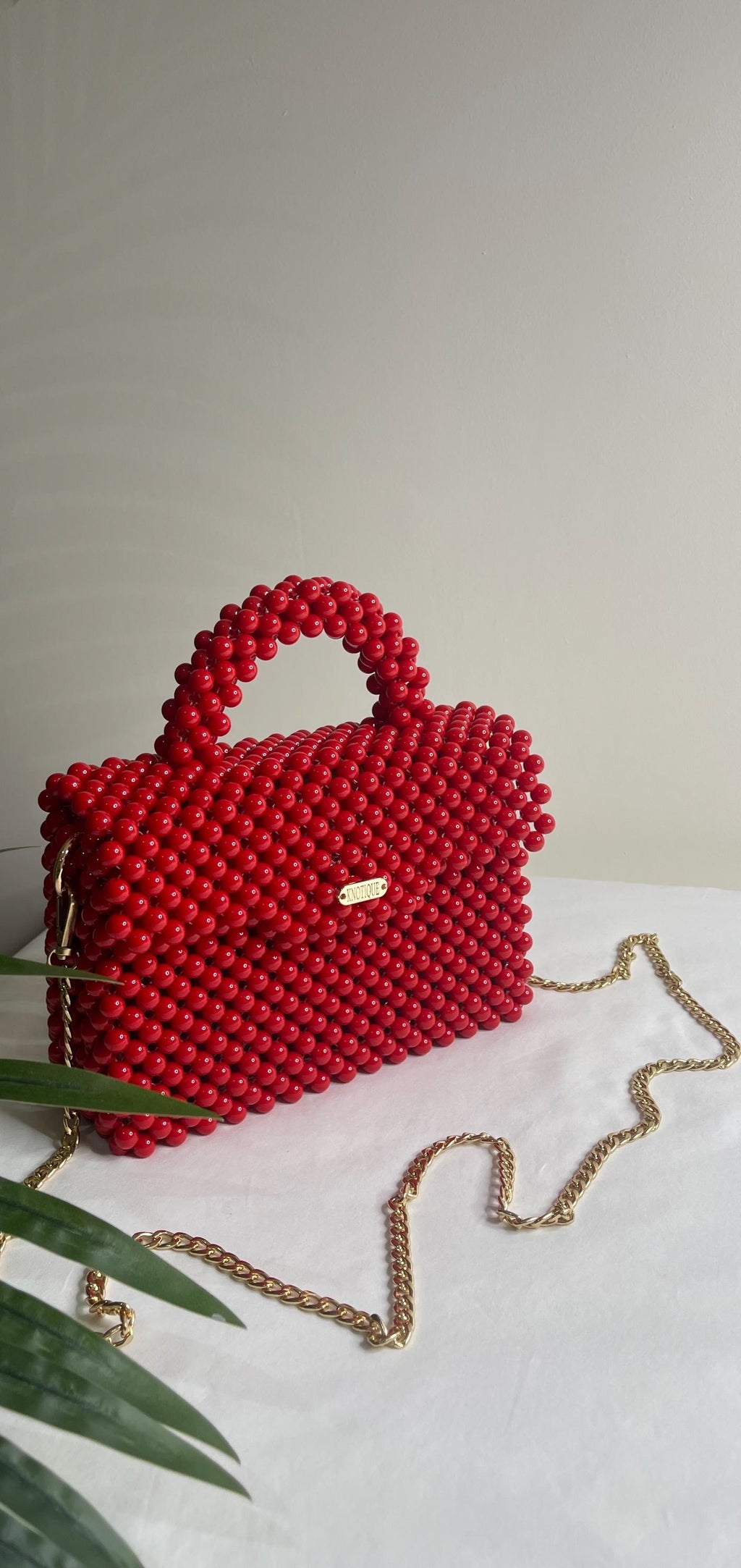 Red Beaded Statement Handbag, Gold Chain Top Handle Evening Clutch