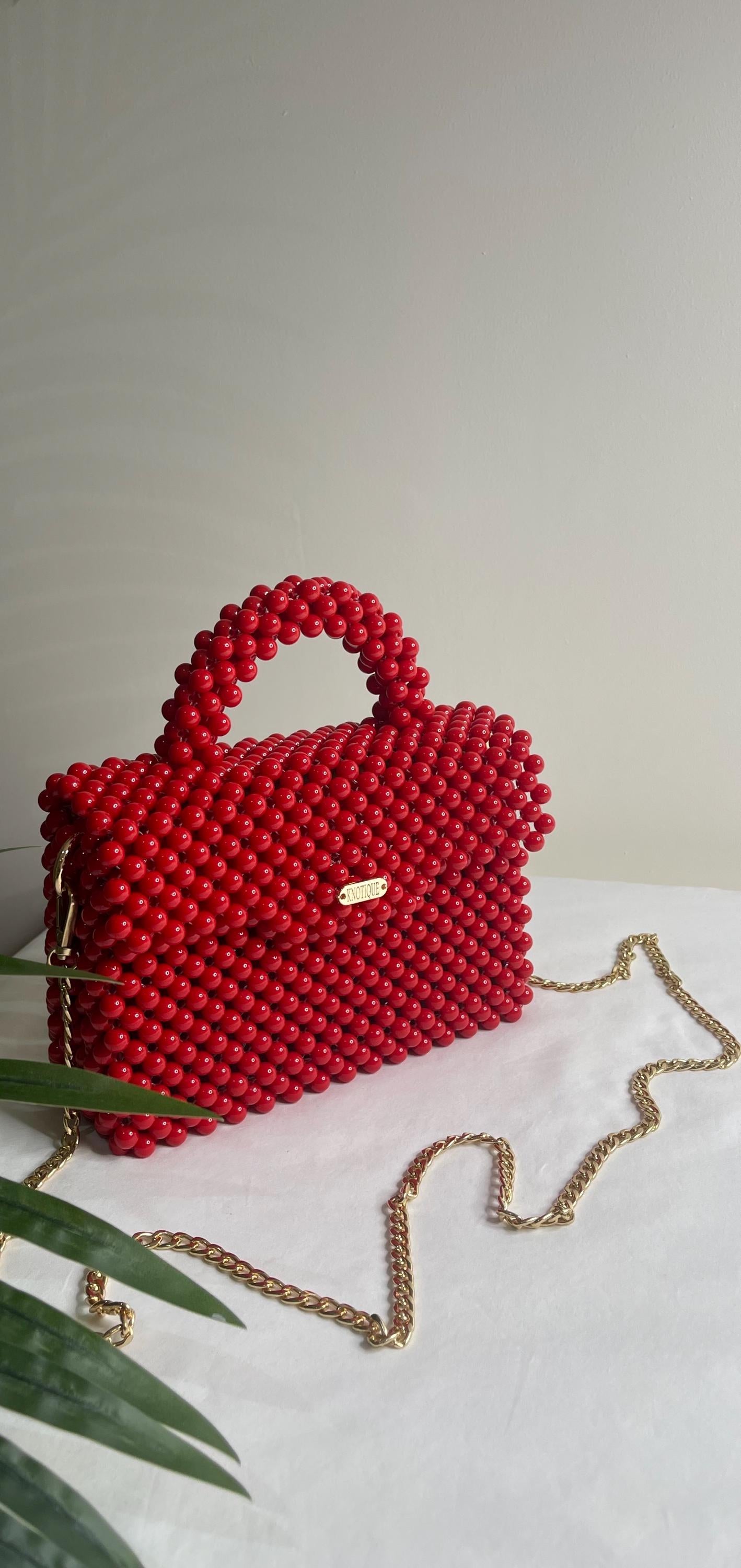Red Beaded Statement Handbag, Gold Chain Top Handle Evening Clutch