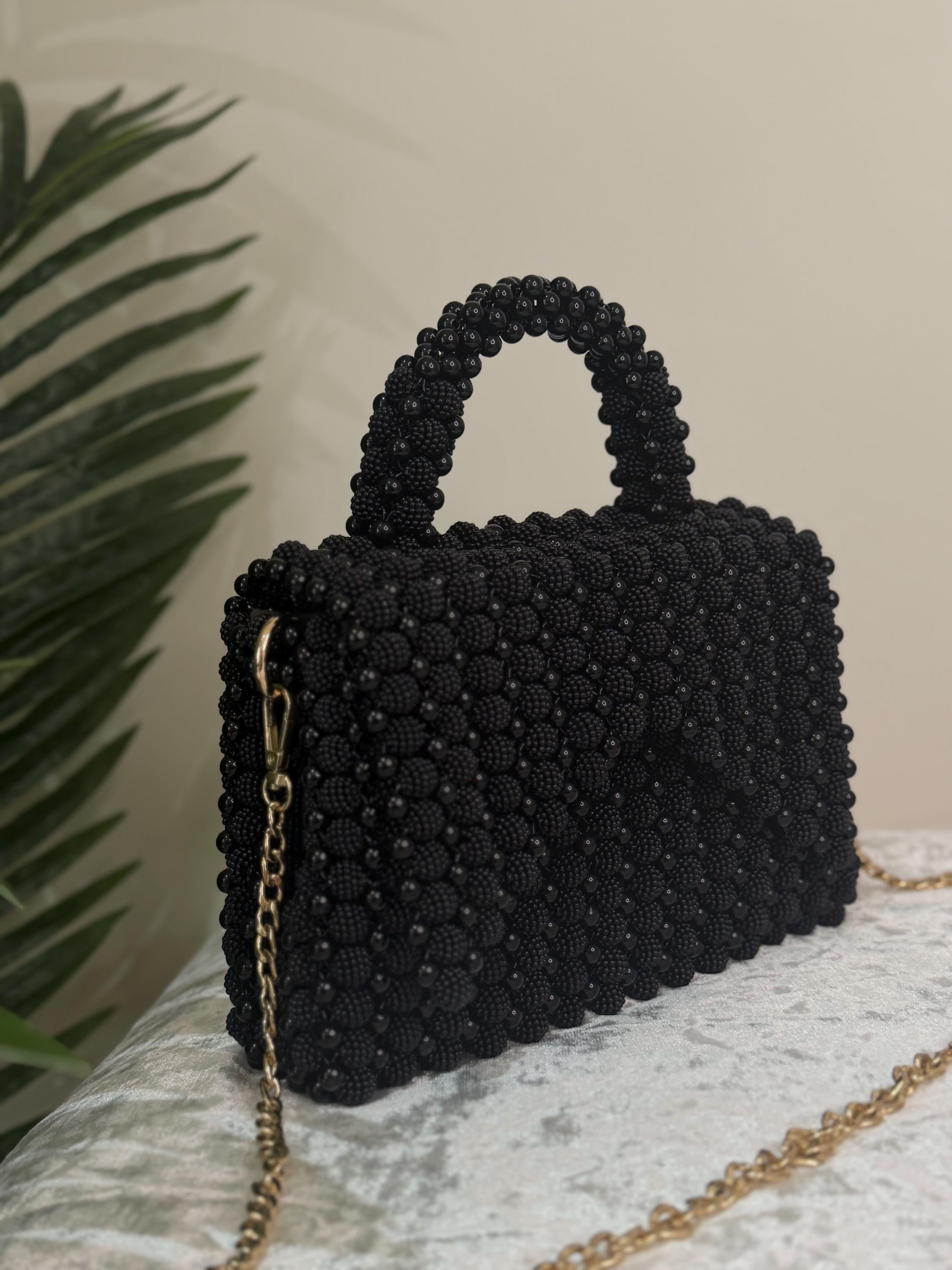 Handmade Black Beaded Evening Bag – Top Handle Purse with Gold Chain