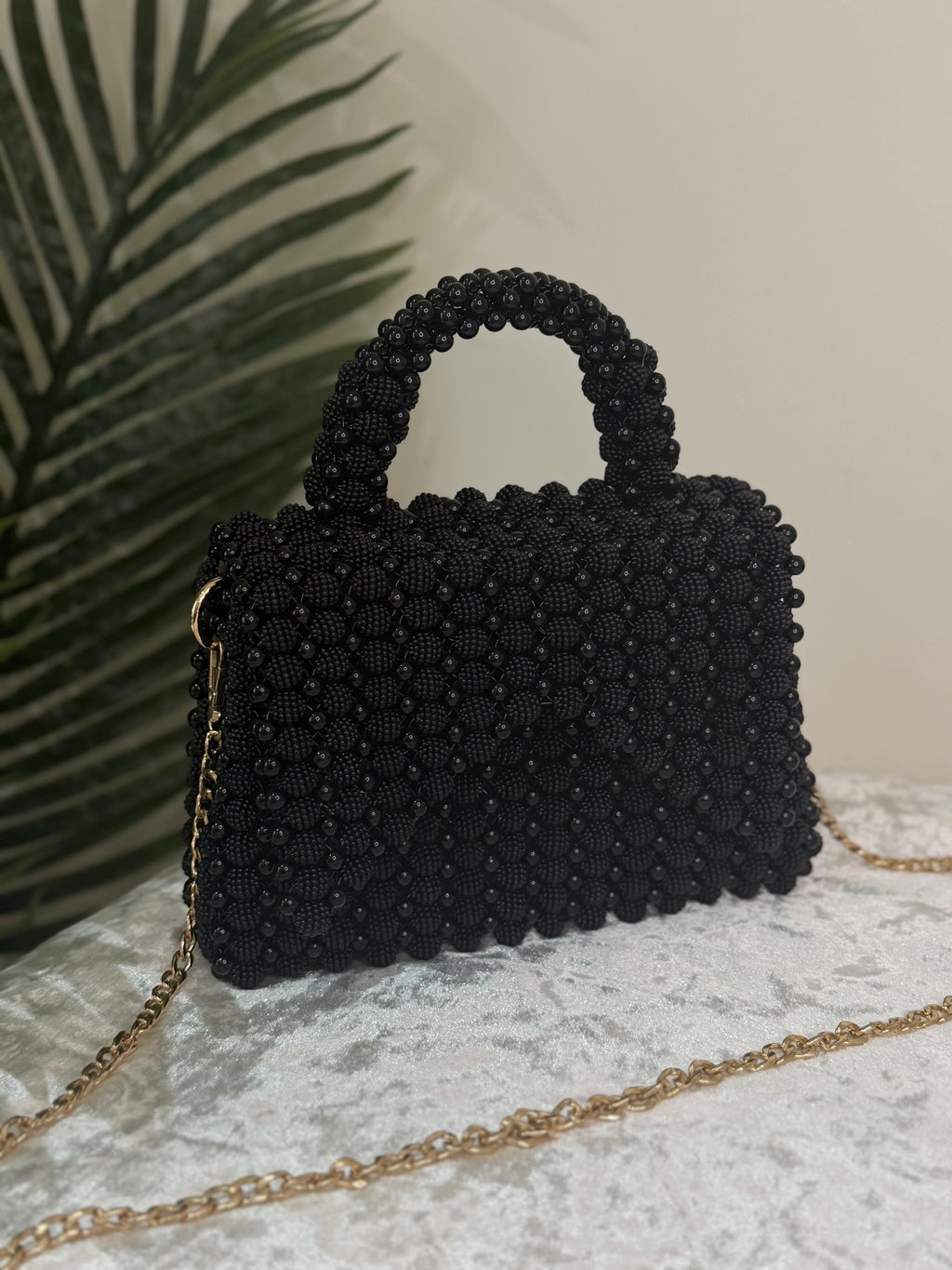 Handmade Black Beaded Evening Bag – Top Handle Purse with Gold Chain