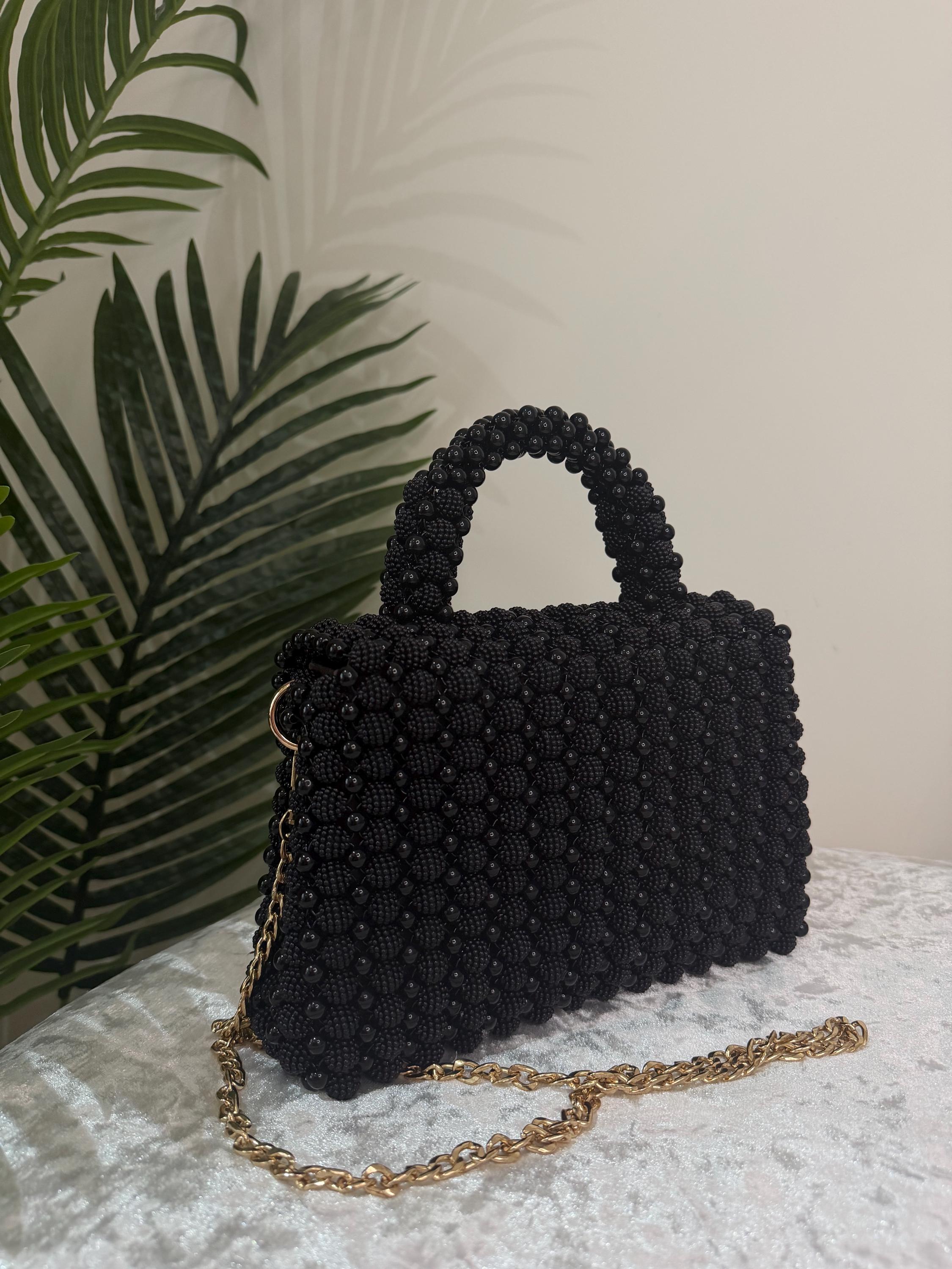 Handmade Black Beaded Evening Bag – Top Handle Purse with Gold Chain