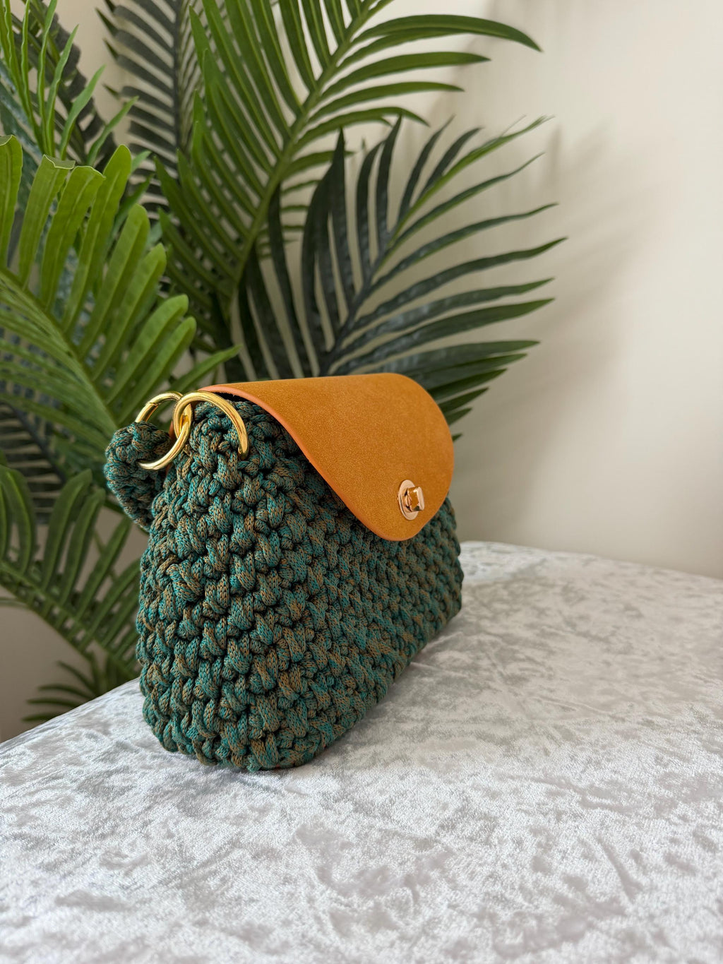 Emerald Green Crochet Bag with Caramel Leather Flap – Handmade Top Handle & Crossbody | Limited Edition KNOTIQUE