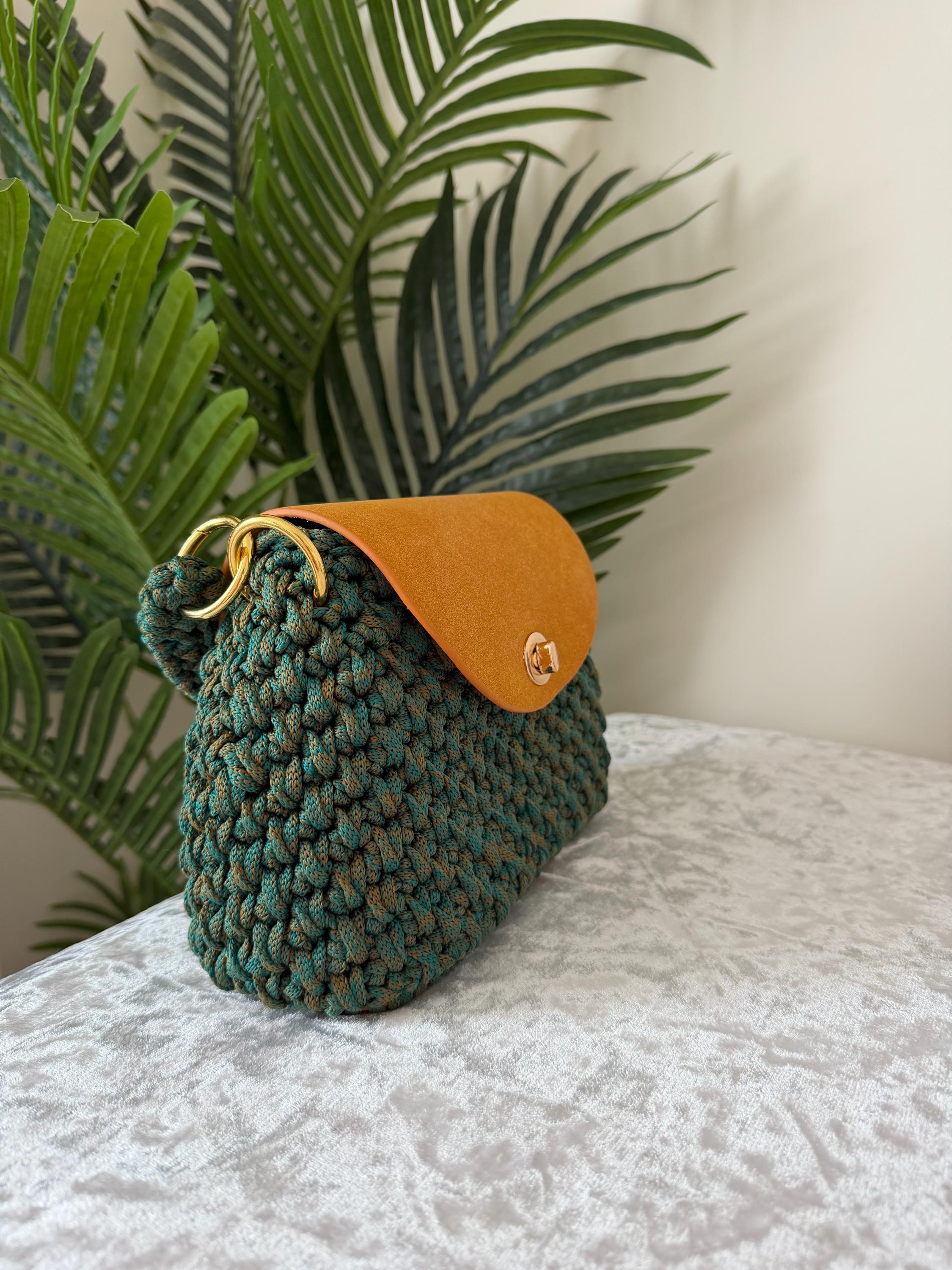 Emerald Green Crochet Bag with Caramel Leather Flap – Handmade Top Handle & Crossbody | Limited Edition KNOTIQUE
