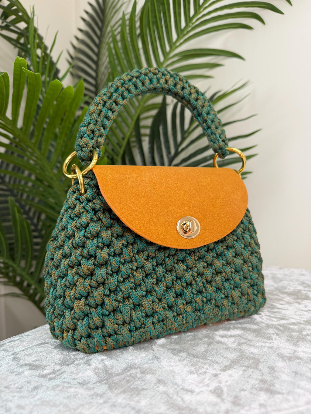 Emerald Green Crochet Bag with Caramel Leather Flap – Handmade Top Handle & Crossbody | Limited Edition KNOTIQUE