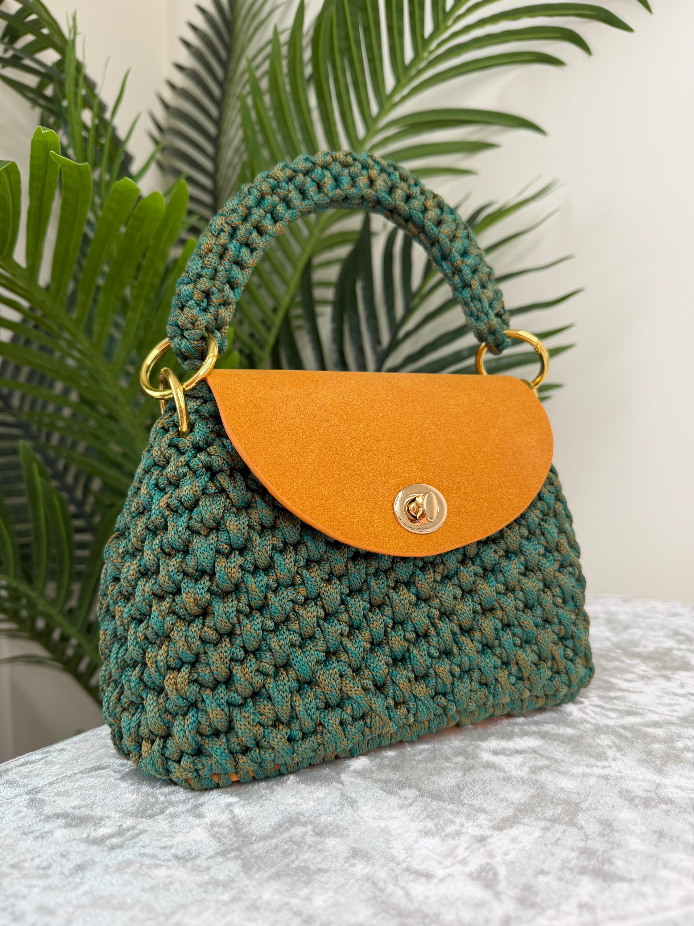 Emerald Green Crochet Bag with Caramel Leather Flap – Handmade Top Handle & Crossbody | Limited Edition KNOTIQUE