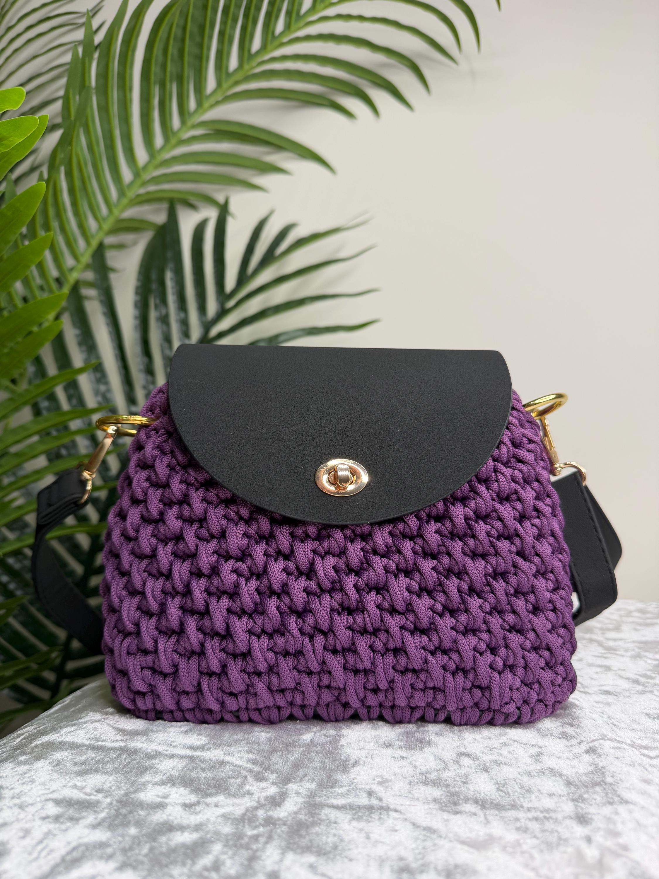 Purple Crochet Leather Flap Bag – Handmade Cord Handbag with Gold Hardware